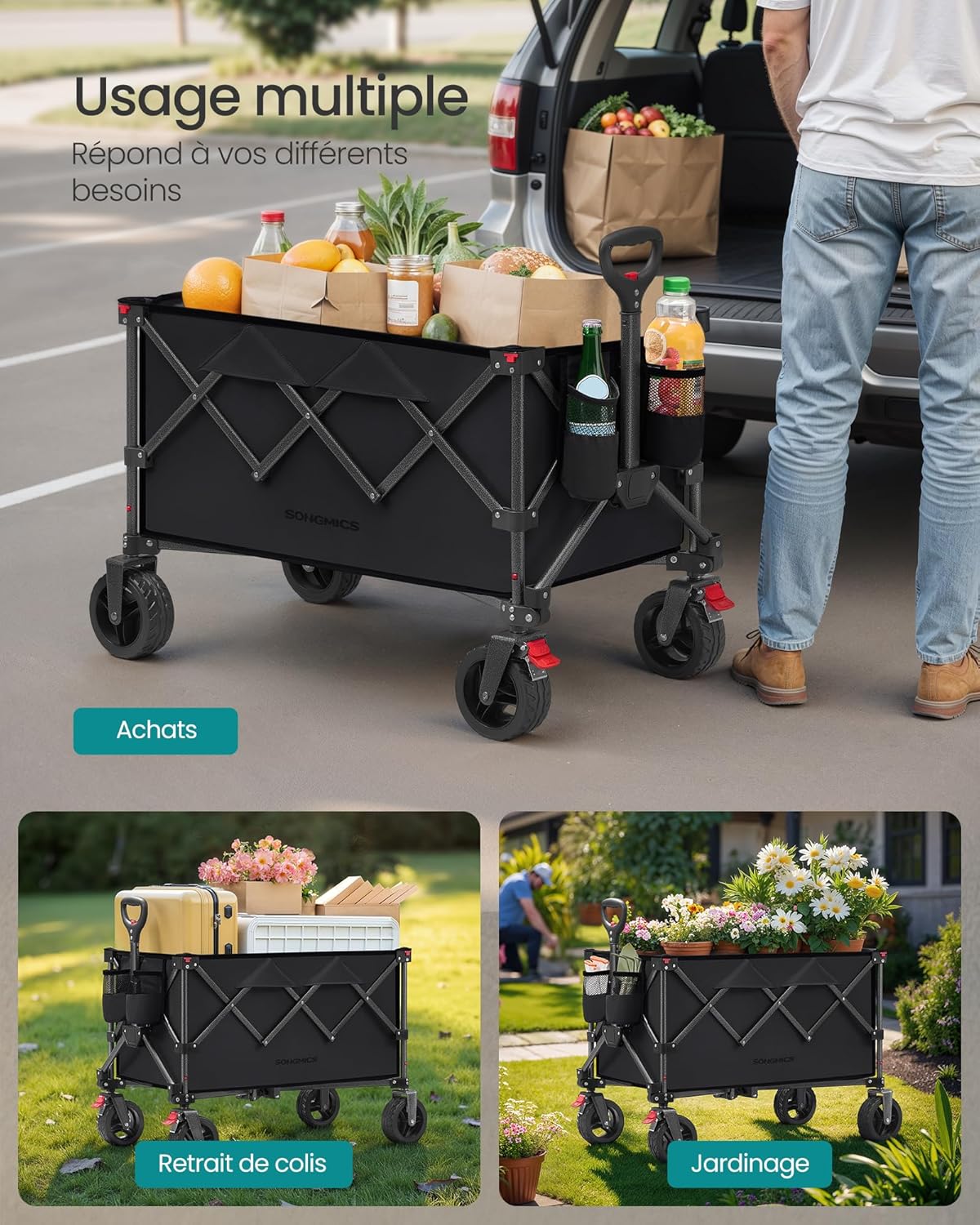 Thumbnail 6 de SONGMICS Chariot Pliable GFW115B01 : chariot de jardin pliable, 150 L, 150 kg, 4 roues amovibles