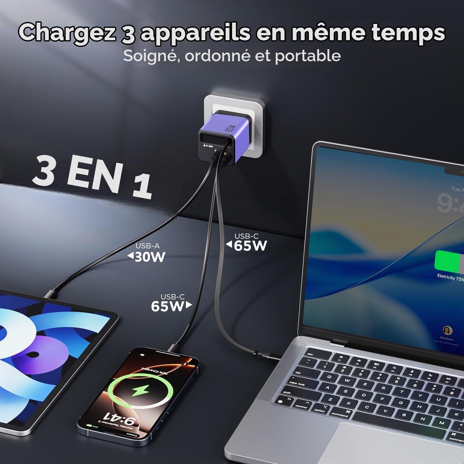 Thumbnail 1 de YSSTKFD GaN USB-C-oplader 65 W met intrekbare kabel en 3 poorten