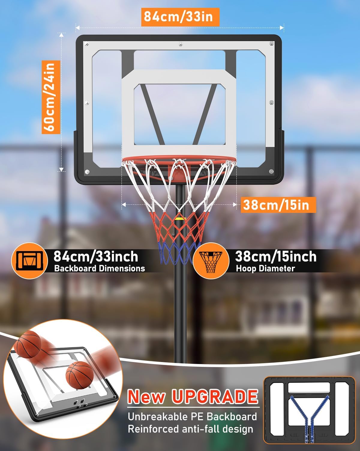 Thumbnail 6 de Adjustable Basketball Hoop and Stand (5ft–7ft) with 33in Shatterproof Backboard and Stand Wheels