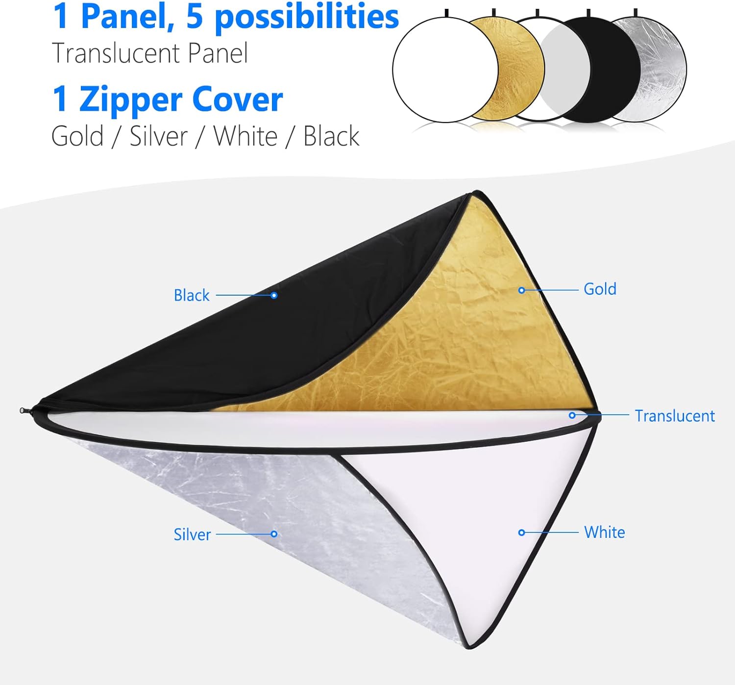 Thumbnail 2 de NEEWER 43 inch (110cm) 5-in-1 Collapsible Light Reflector / Diffuser (Translucent, Silver, Gold, White & Black)