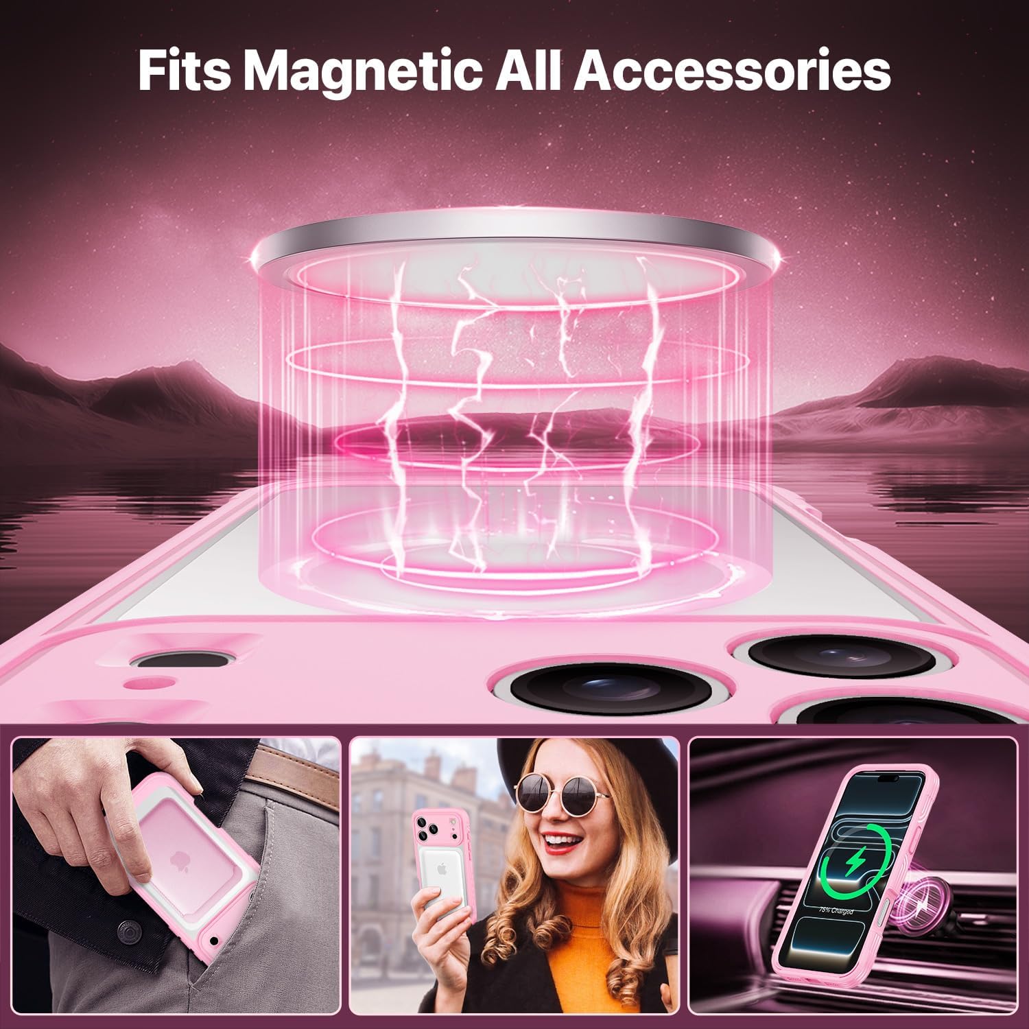 Thumbnail 4 de CENHUFO iPhone 17 Pro Max MagSafe case with built-in 9H glass screen protector – 360 shockproof full body, pink