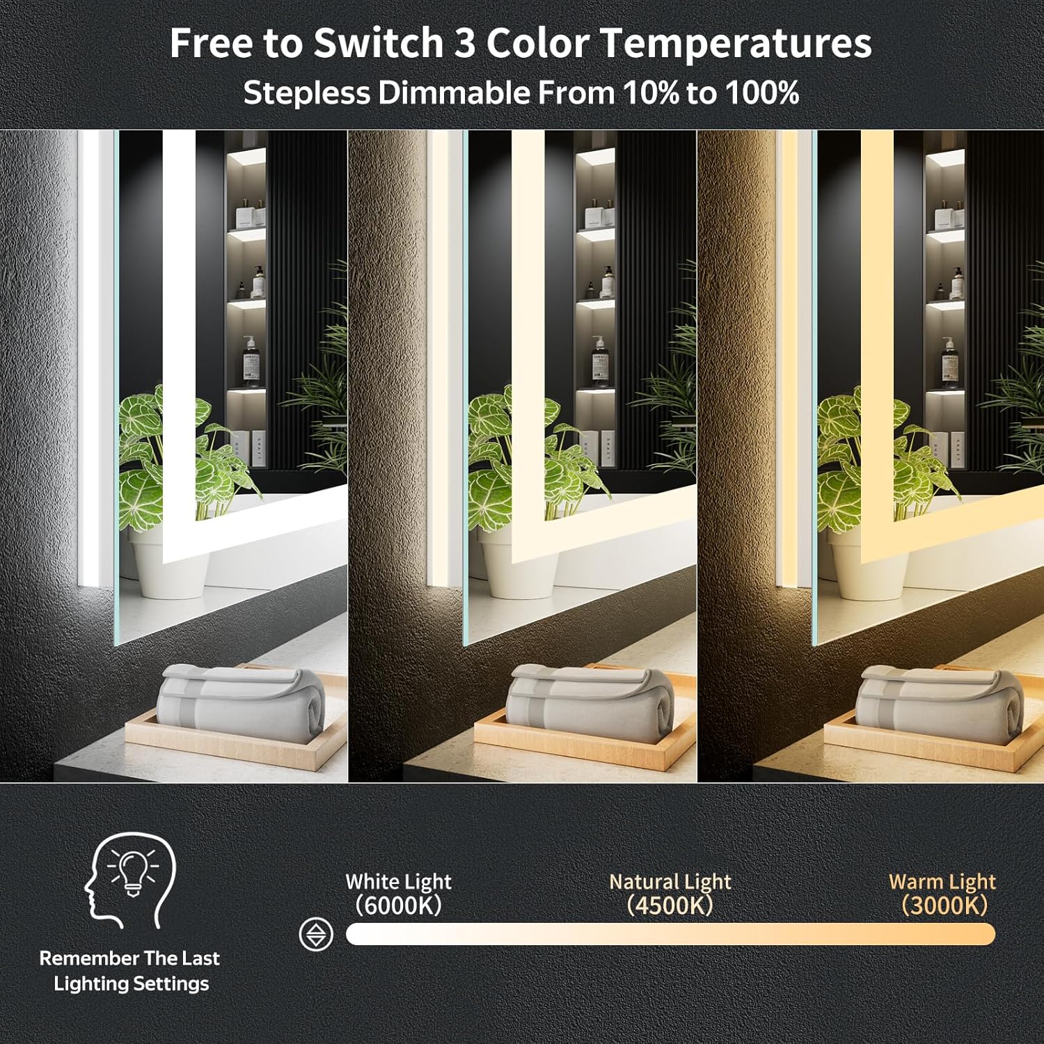 Thumbnail 6 de 36"x30" LED Bathroom Mirror with Lights (Dual Lighting, Anti-Fog, Dimmable, Memory) — Shatterproof Tempered Glass