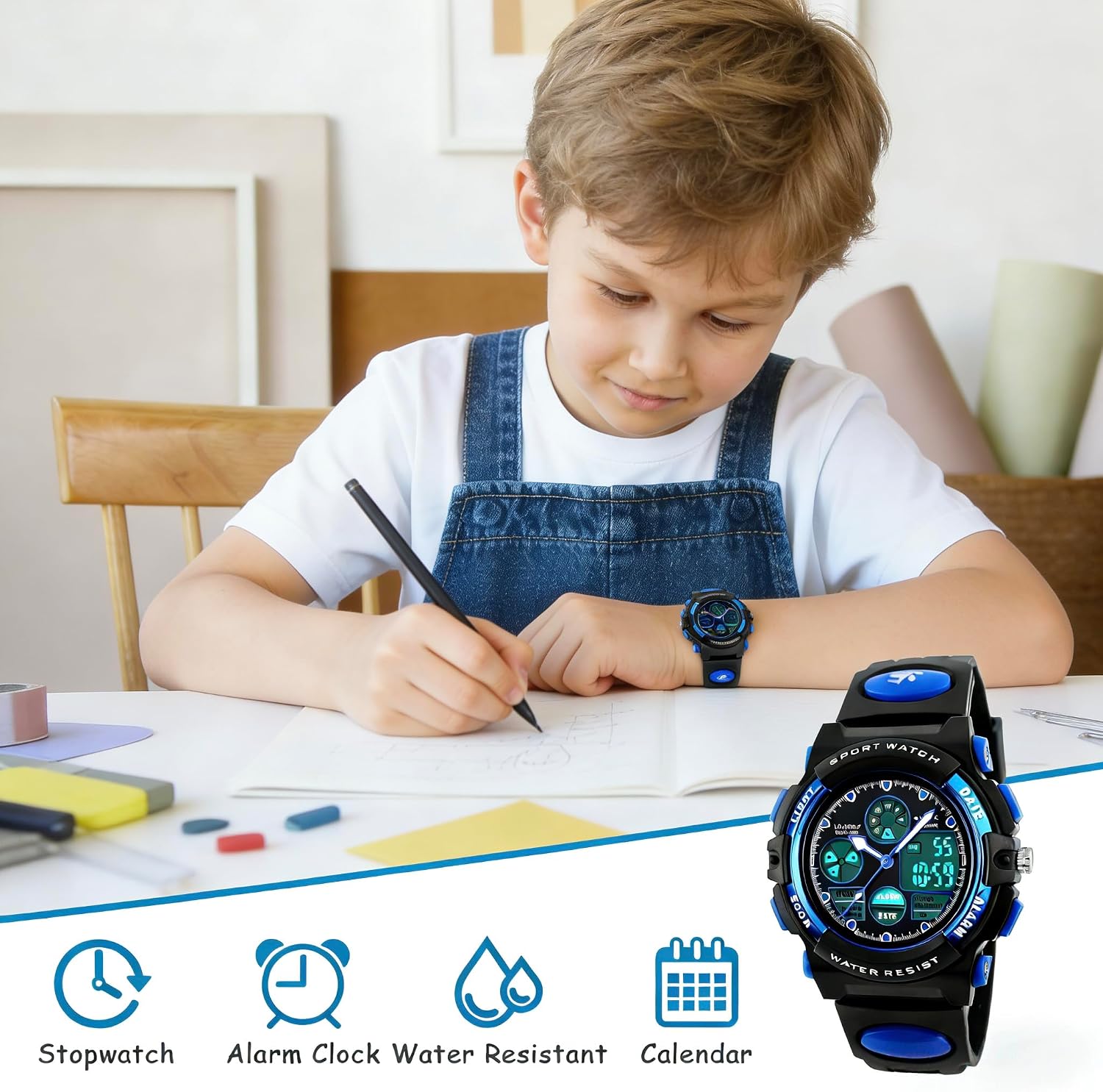 Detalle de Urdesw Kids Digital Waterproof Watch for 6-15 Year Olds – Dual Time, Alarm, 50M Water Resistant