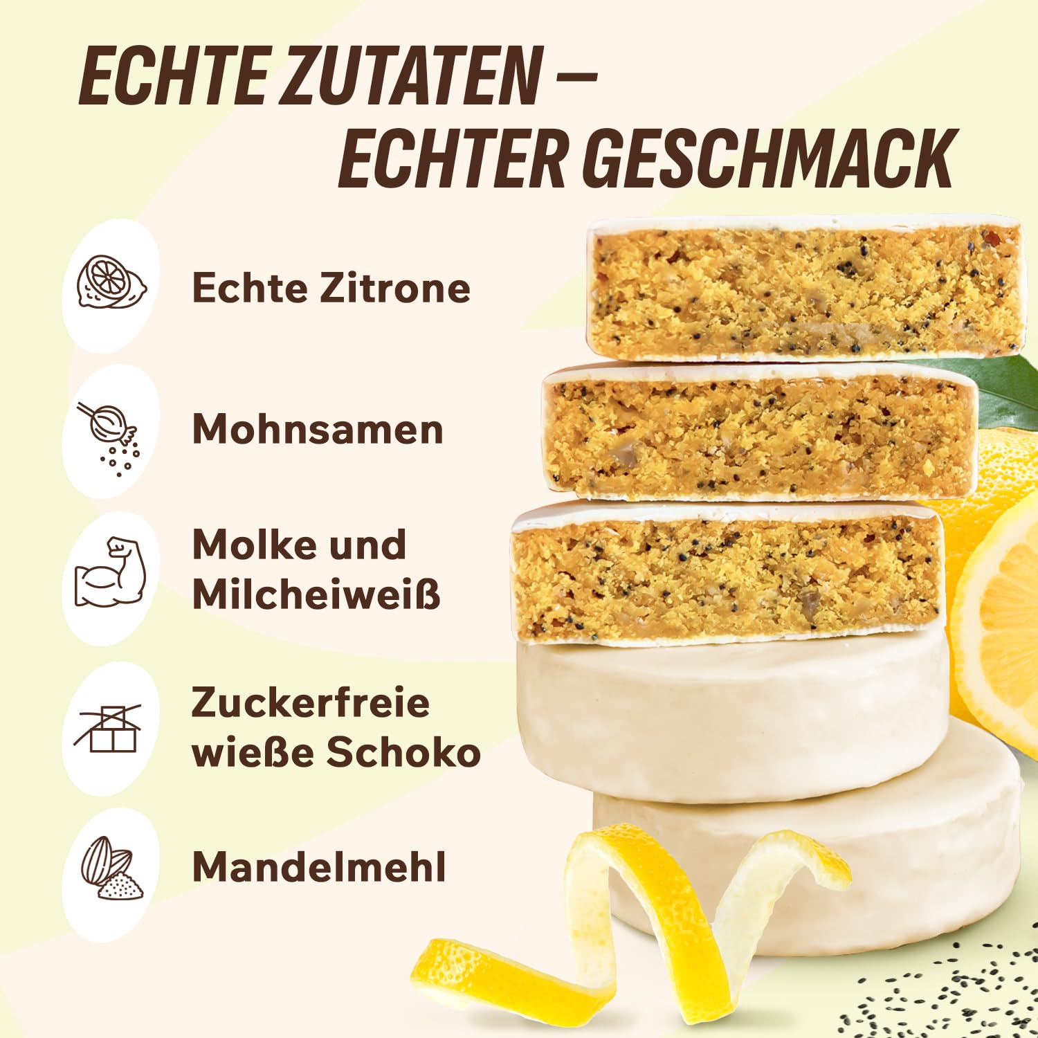 Detalle de FitnesSHOCK Protein Brownie Snack (Zitrone mit Mohnsamen) – low carb, ohne Zuckerzusatz, 15% Eiweiß