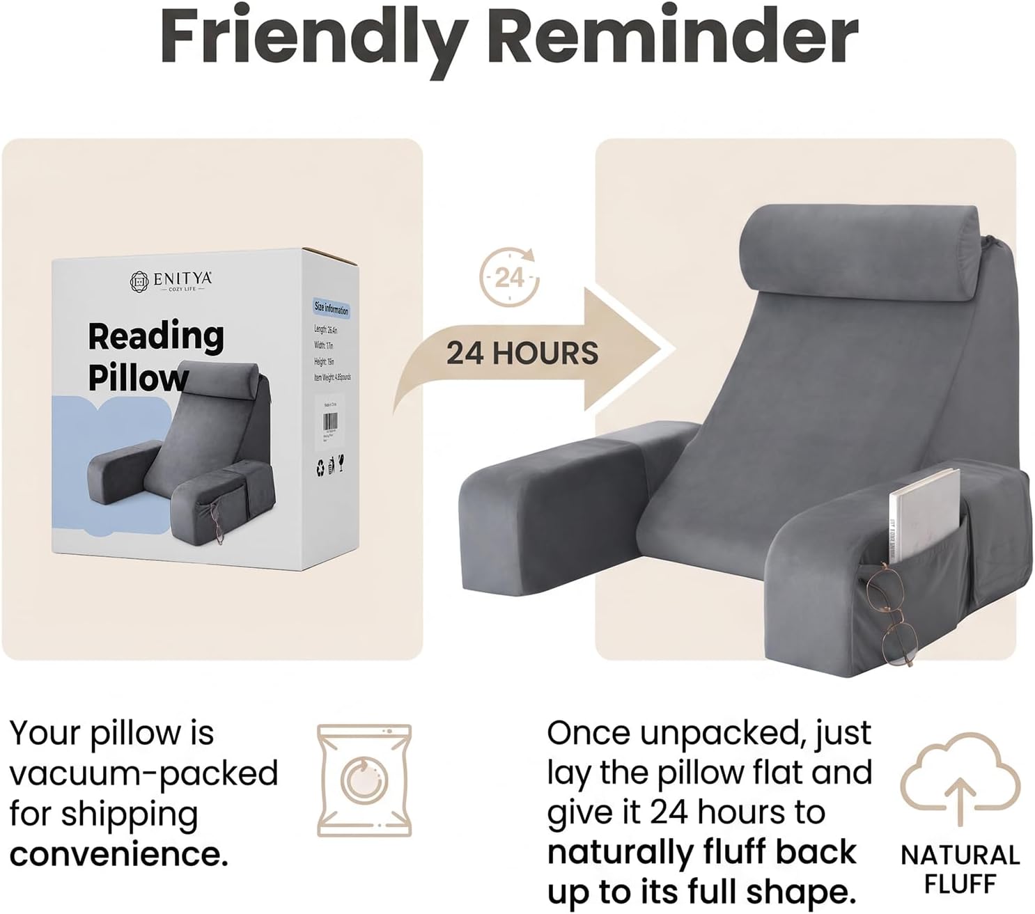 Thumbnail 6 de ENITYA 19" Reading Pillow for Bed with Firm Back Support & Big Pockets