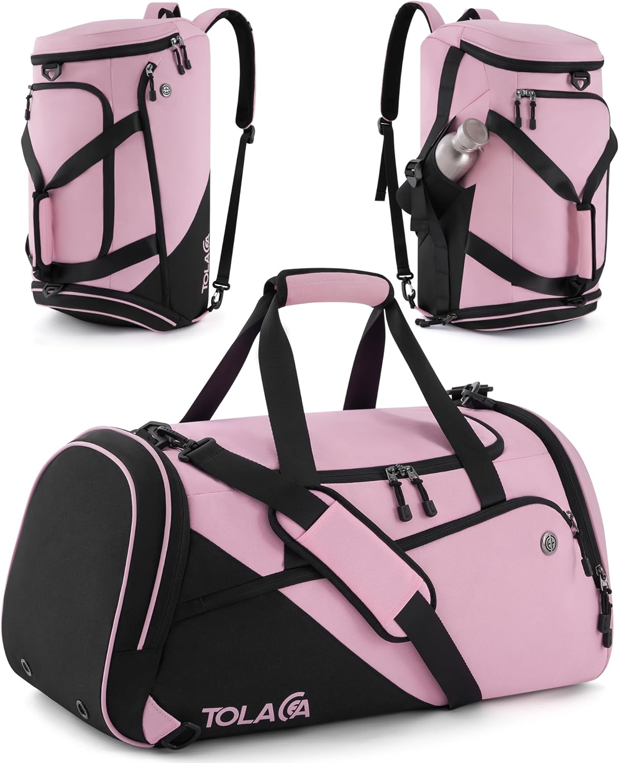 Detalle de Tolaccea Sporttasche 47L – Damen & Herren, Schuhfach, Nassfach, 3-in-1 Tragemodi, Schwarz-Rosa