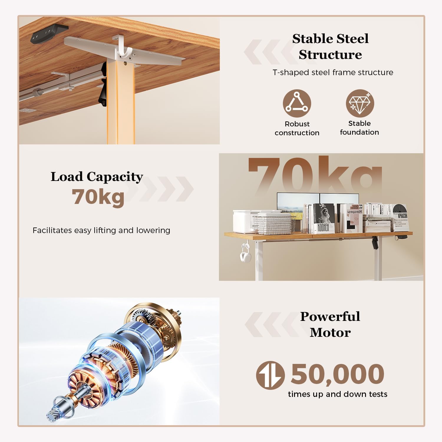 Thumbnail 3 de Klicelor Electric Standing Desk with 2 Memory Buttons – 72–116 cm height, 70 kg capacity (3-panel top), Light Brown