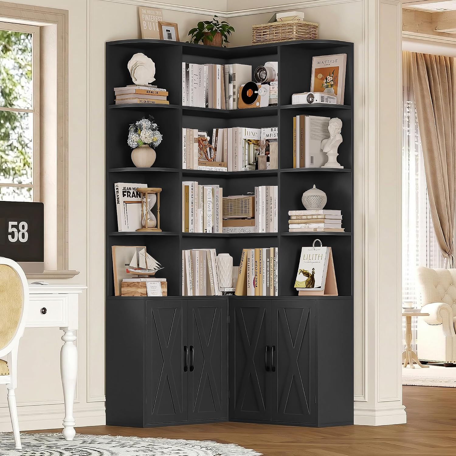 Detalle 2 de FirFurd P745 Corner Bookcase, Black, 17 Shelves and 4 Doors