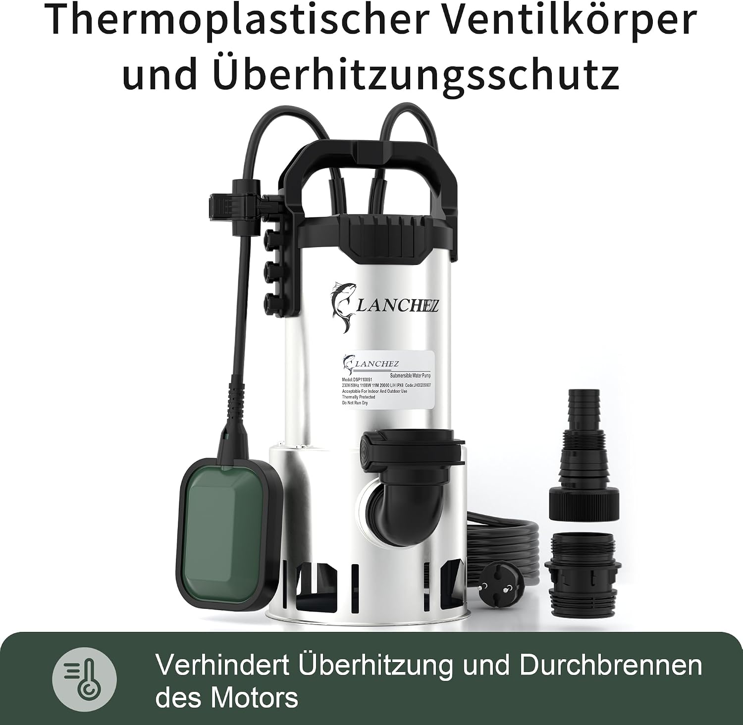 Detalle de LANCHEZ Edelstahl Schmutzwassertauchpumpe 1100W – 20.000 l/h, Förderhöhe 11 m, 35 mm Durchlass