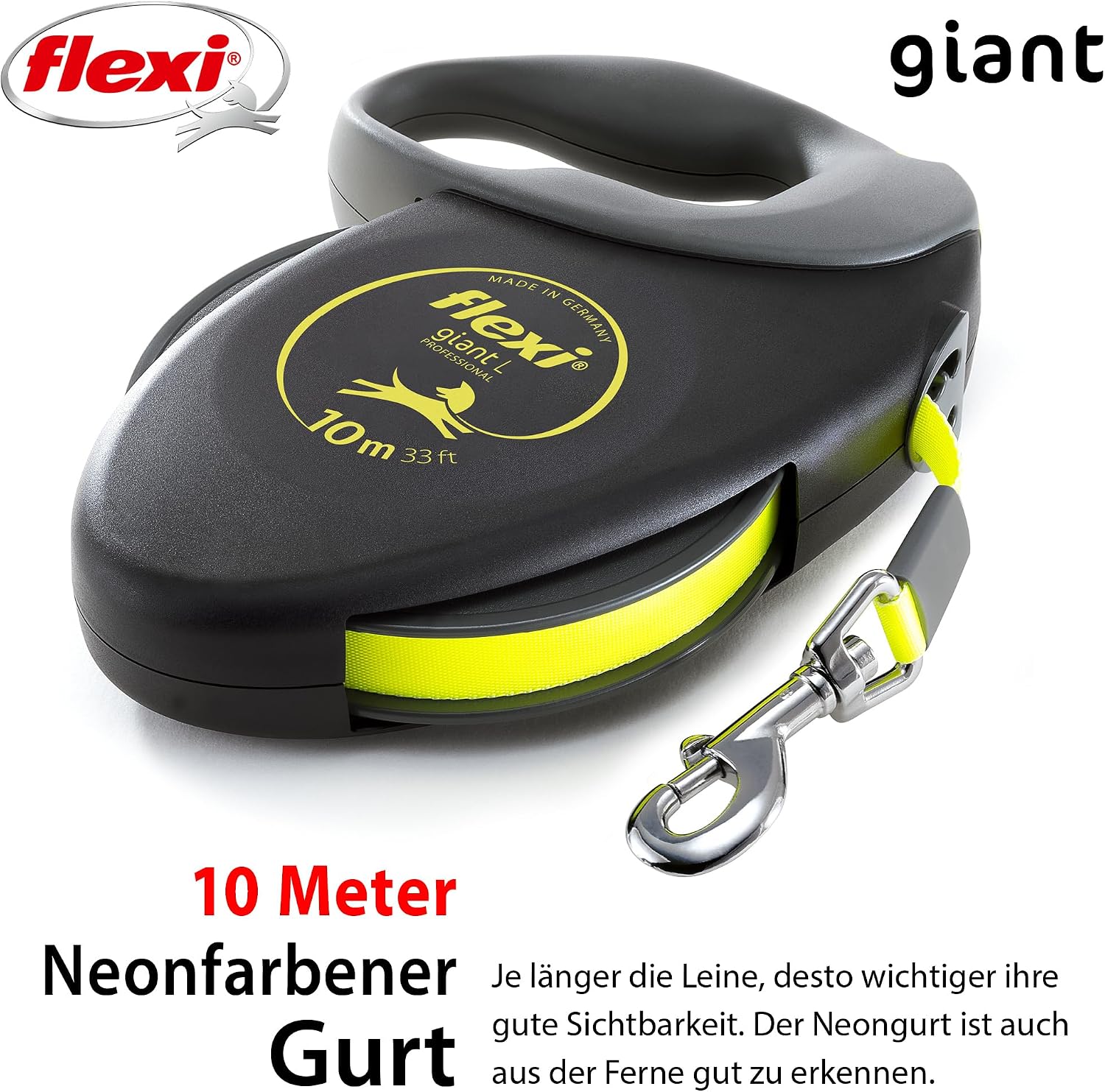 Detalle 2 de flexi Giant Professional L Hunde Roll-Leine 10 m – schwarz/neon-gelb