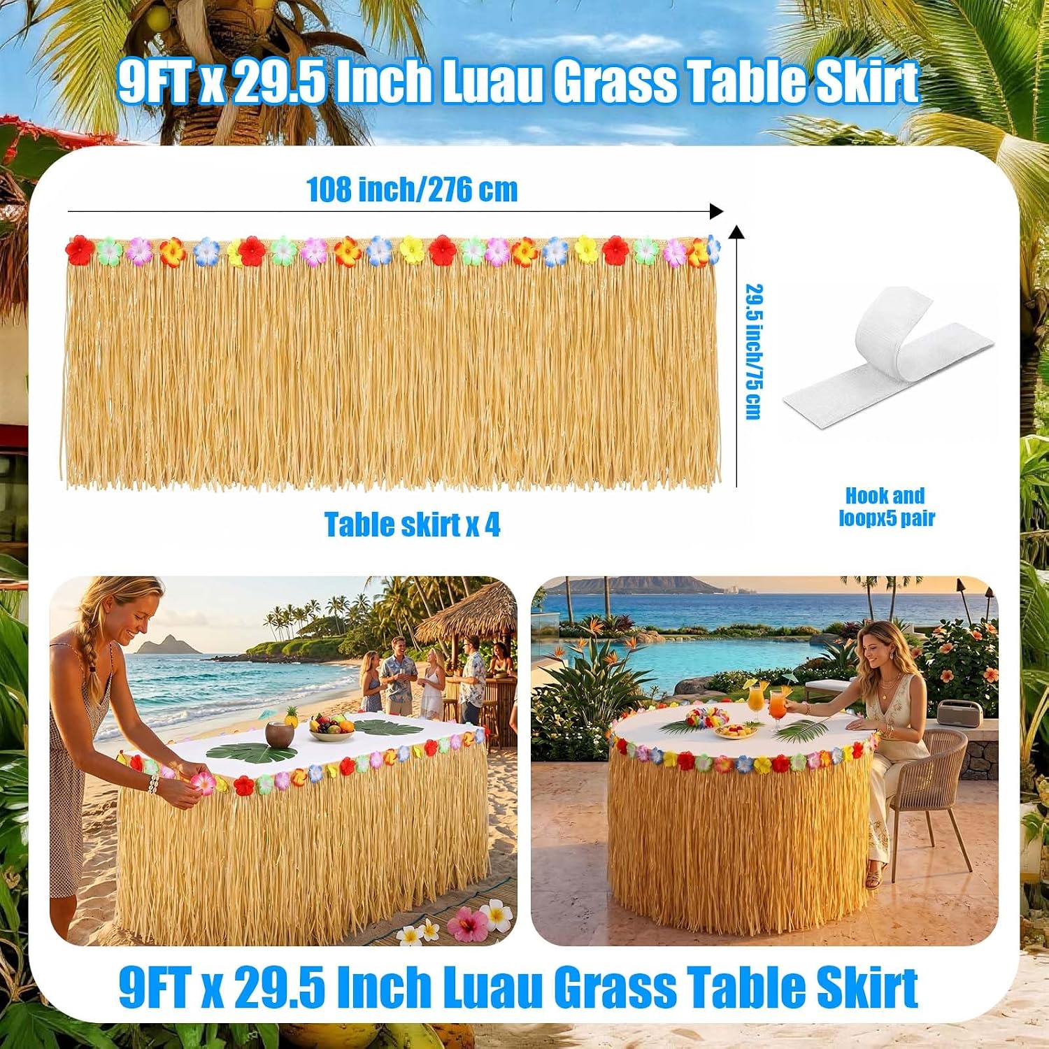 Thumbnail 2 de Bszatan 4 Pack Luau Grass Table Skirt – Natural 275x75cm Tropical Party Decor