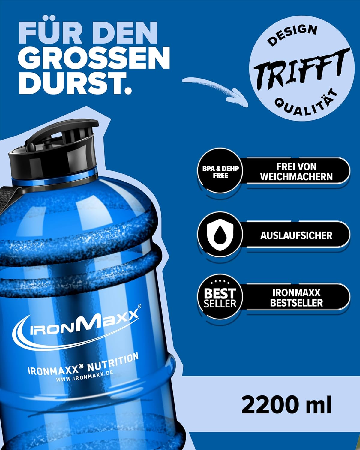 Thumbnail 2 de IronMaxx Water Gallon Blau 2200ml – BPA & DEHP frei, auslaufsicher mit Messskala