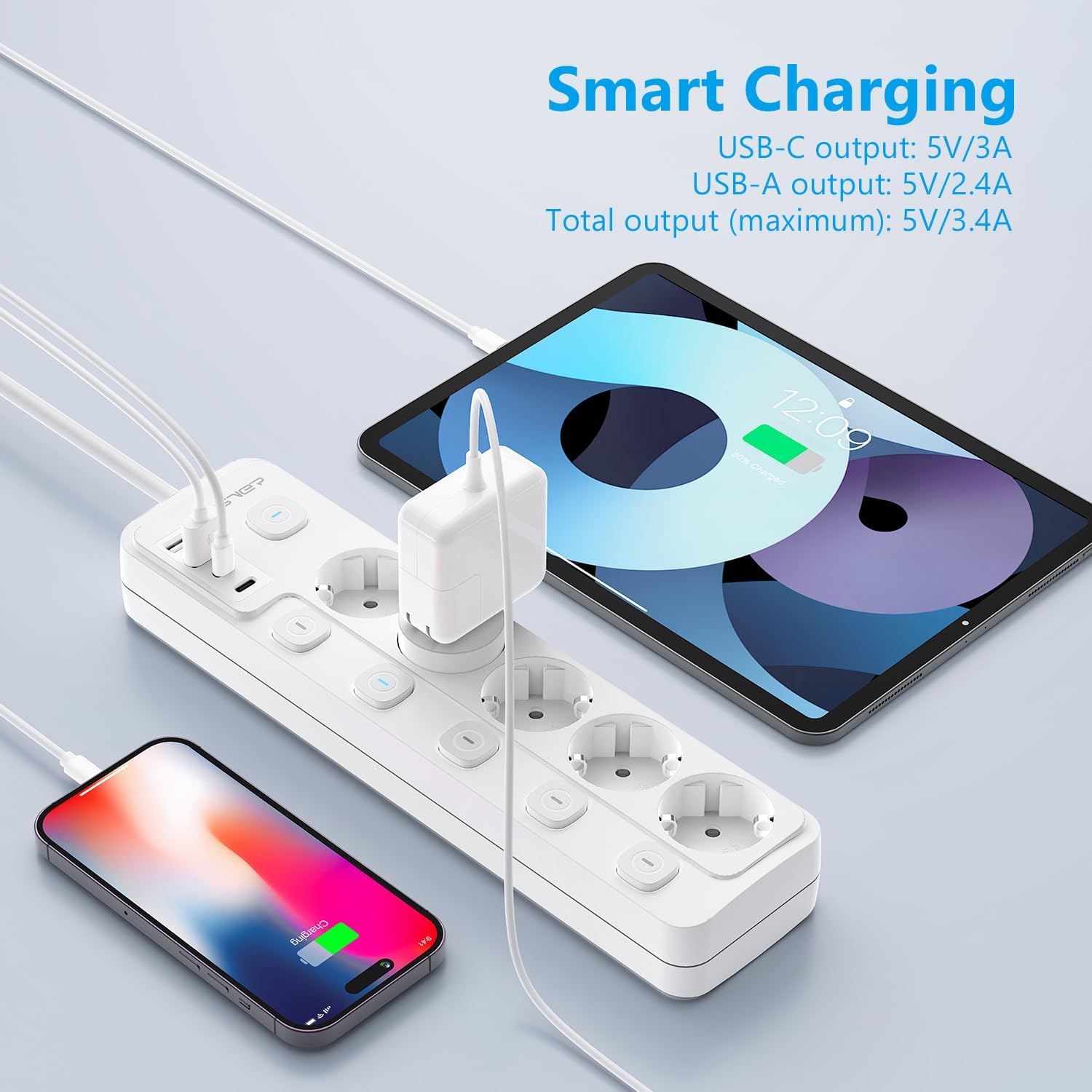 Thumbnail 3 de JSVER Ciabatta Elettrica a 5 Prese: 2 USB-C, 2 USB-A e 2 m di cavo per una ricarica intelligente