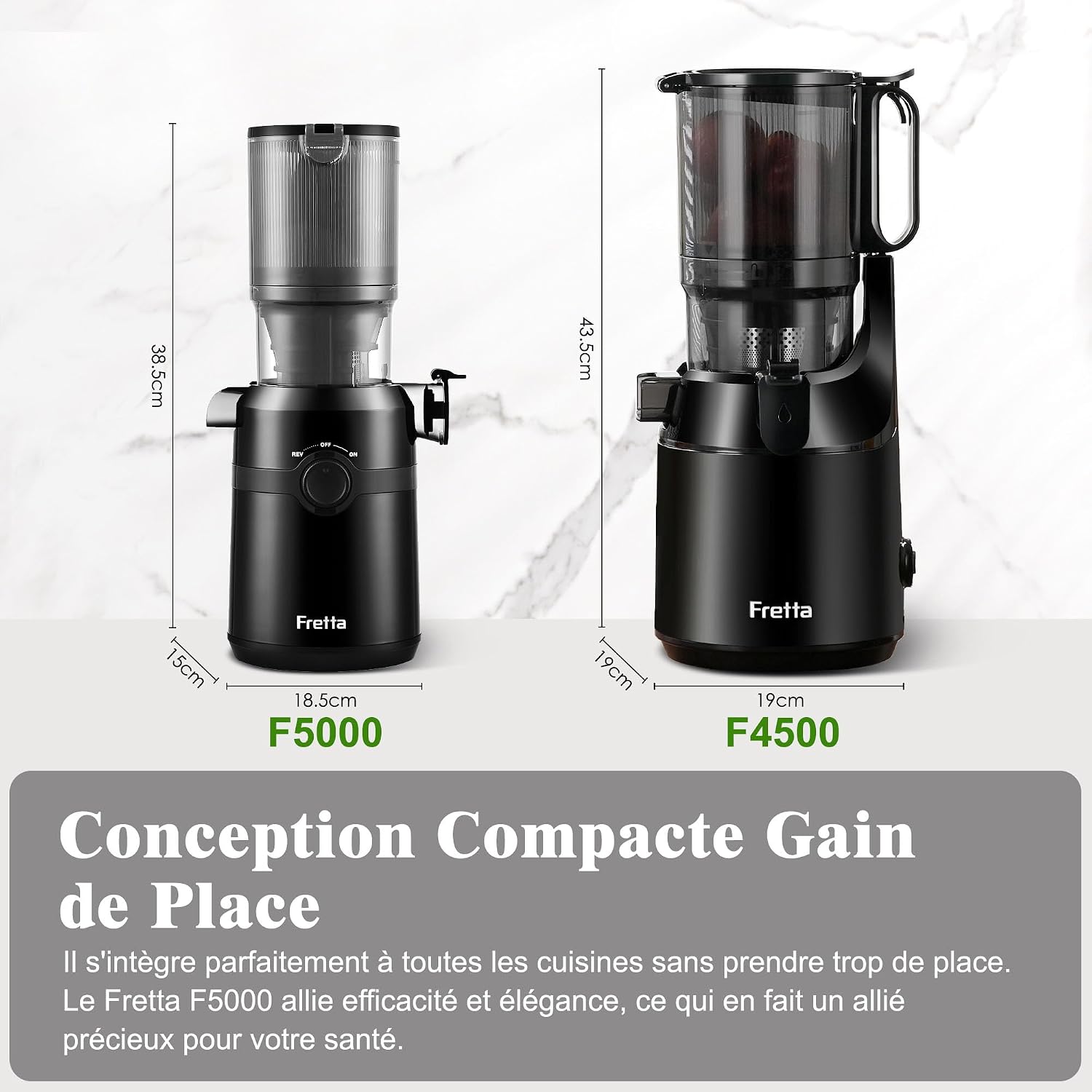 Detalle de Extracteur de jus Fretta Slow Juicer 108 mm, pression à froid, grande ouverture et cuve 1 L (sans BPA) – 200 W