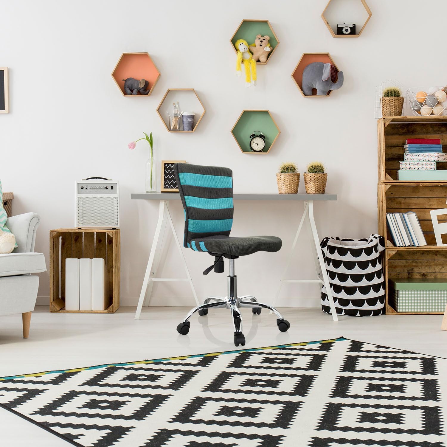 Thumbnail 1 de HJH Office 661008 Sedia girevole KIDDY COMFORT in rete grigio/turchese, regolabile in altezza