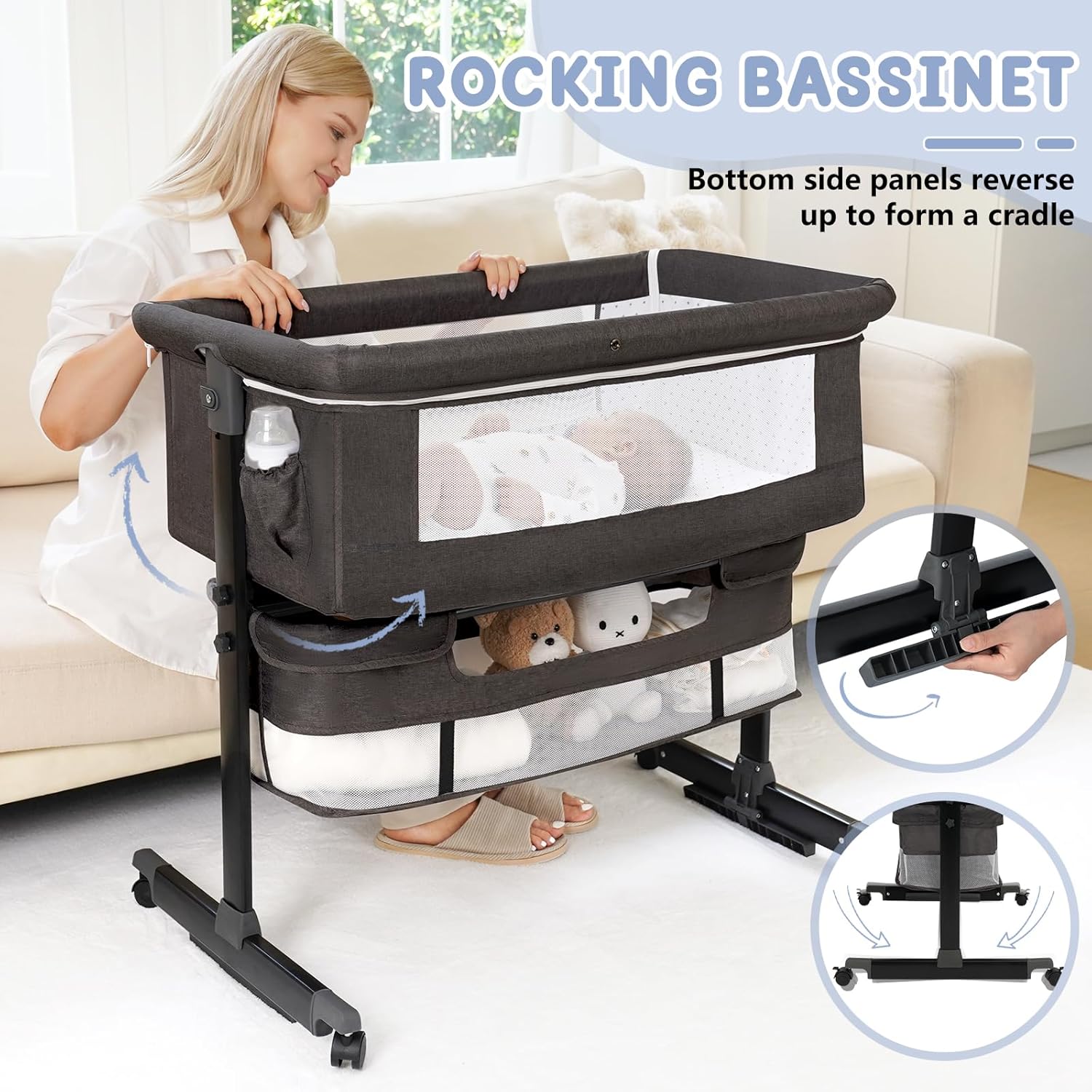 Detalle 2 de 3-in-1 Bedside Bassinet with Wheels