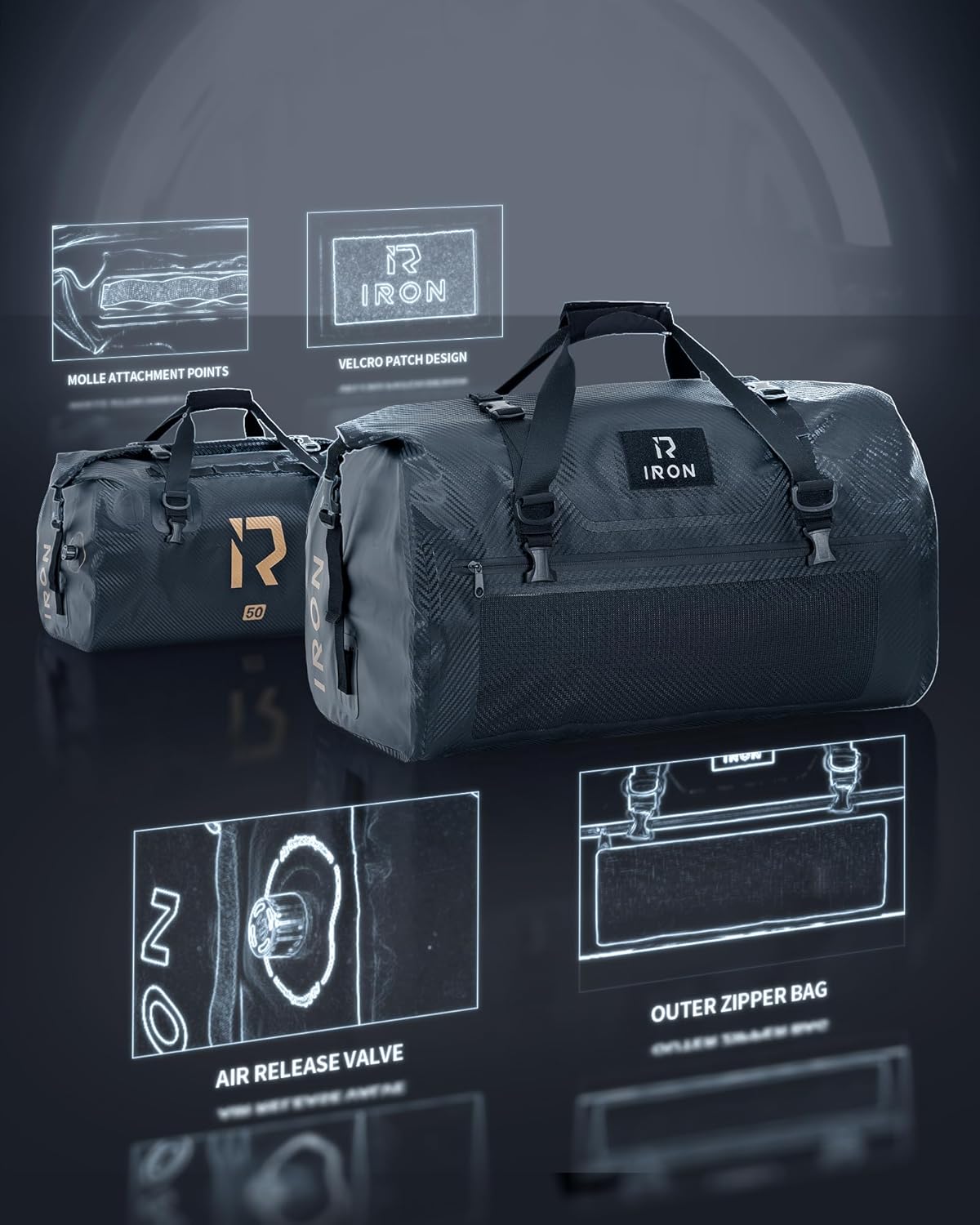 Detalle de IRON JIA'S Motorradtasche Gepäckrolle – wasserdichte Hecktasche, 70L, Rollverschluss