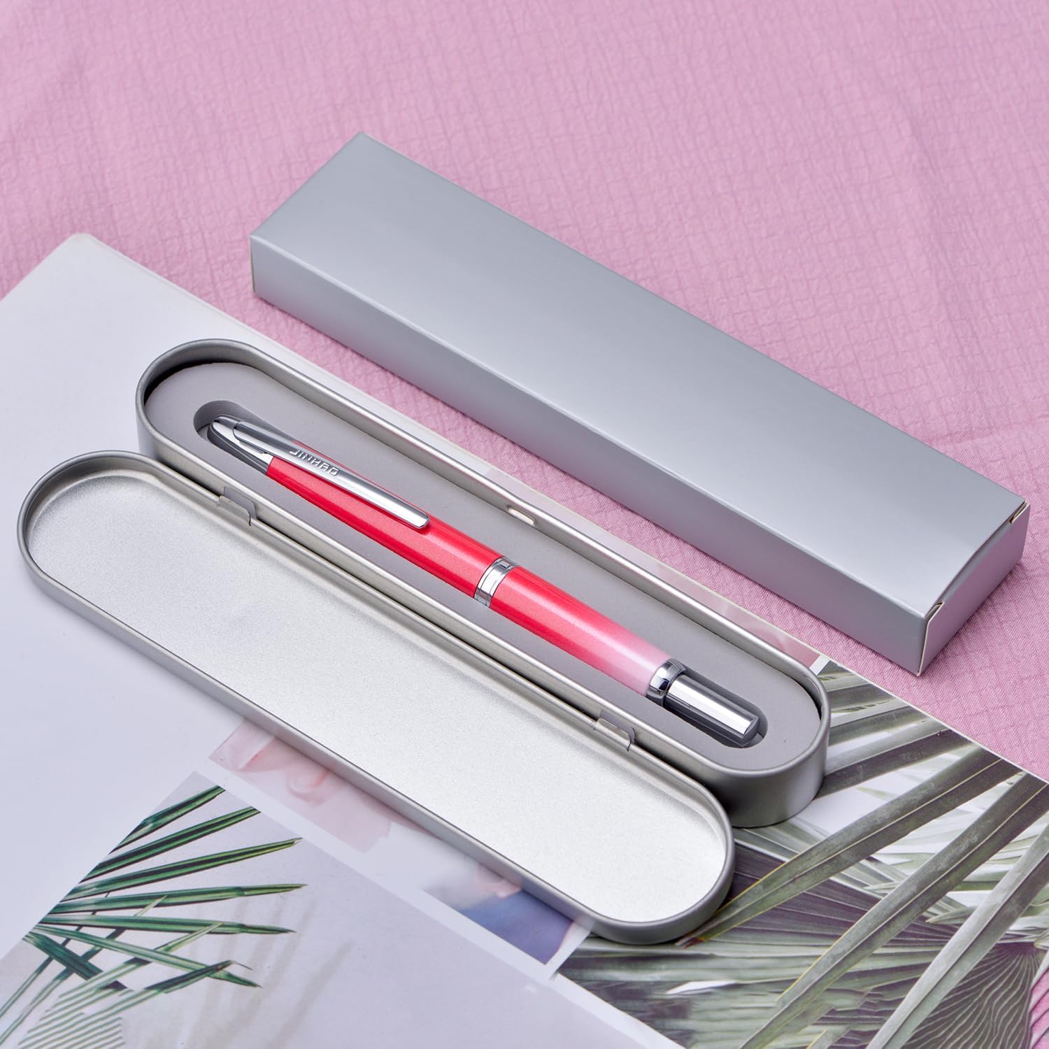 Thumbnail 1 de Jinhao 10 Series Press Fountain Pen – Gradient Red Retractable with Fine Nib, Ink Converter & Metal Box (Silver Clip)