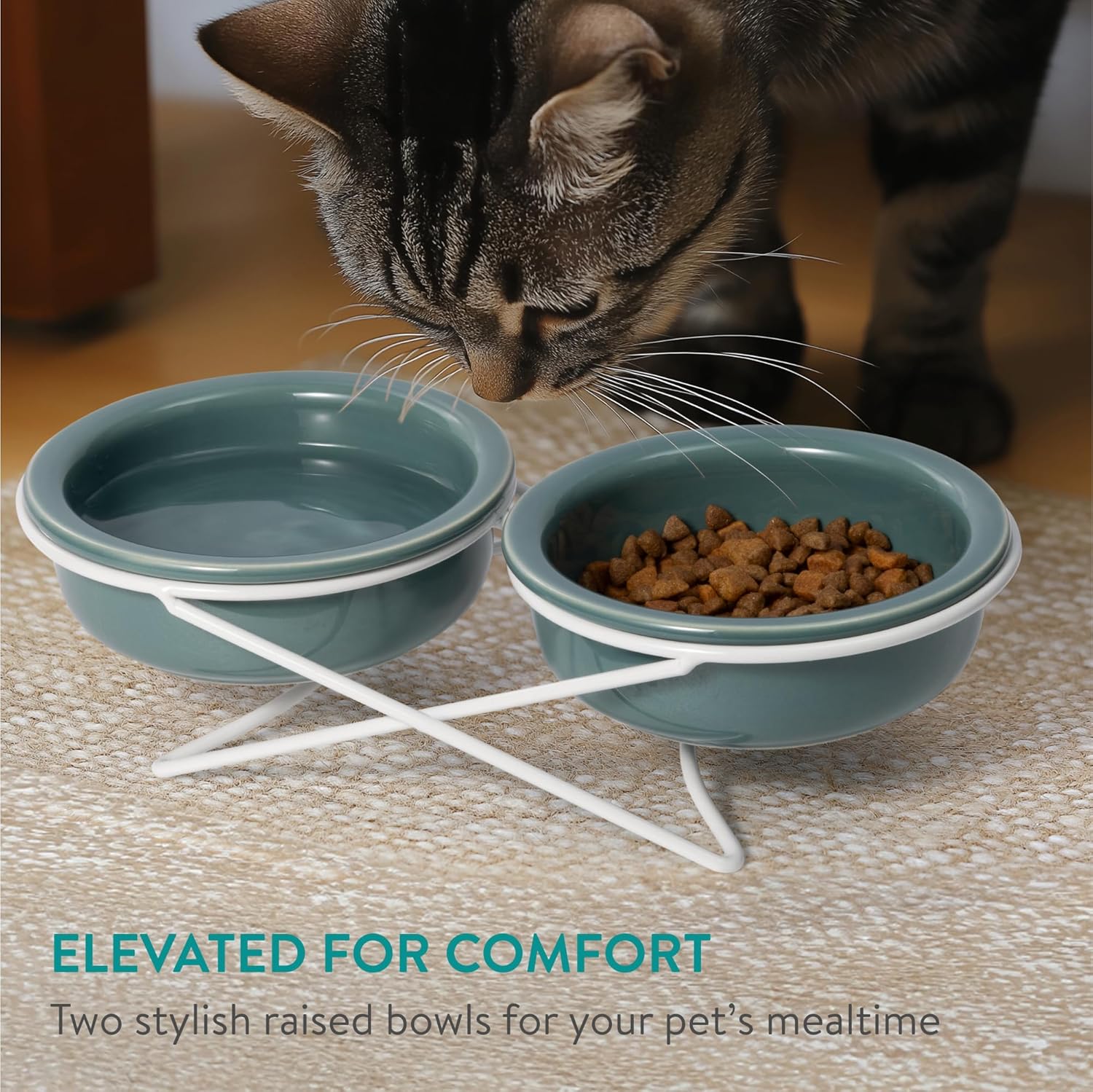 Thumbnail 1 de Navaris Raised Cat Bowls (Set of 2) – Ceramic dishes with metal stand for cats and dogs