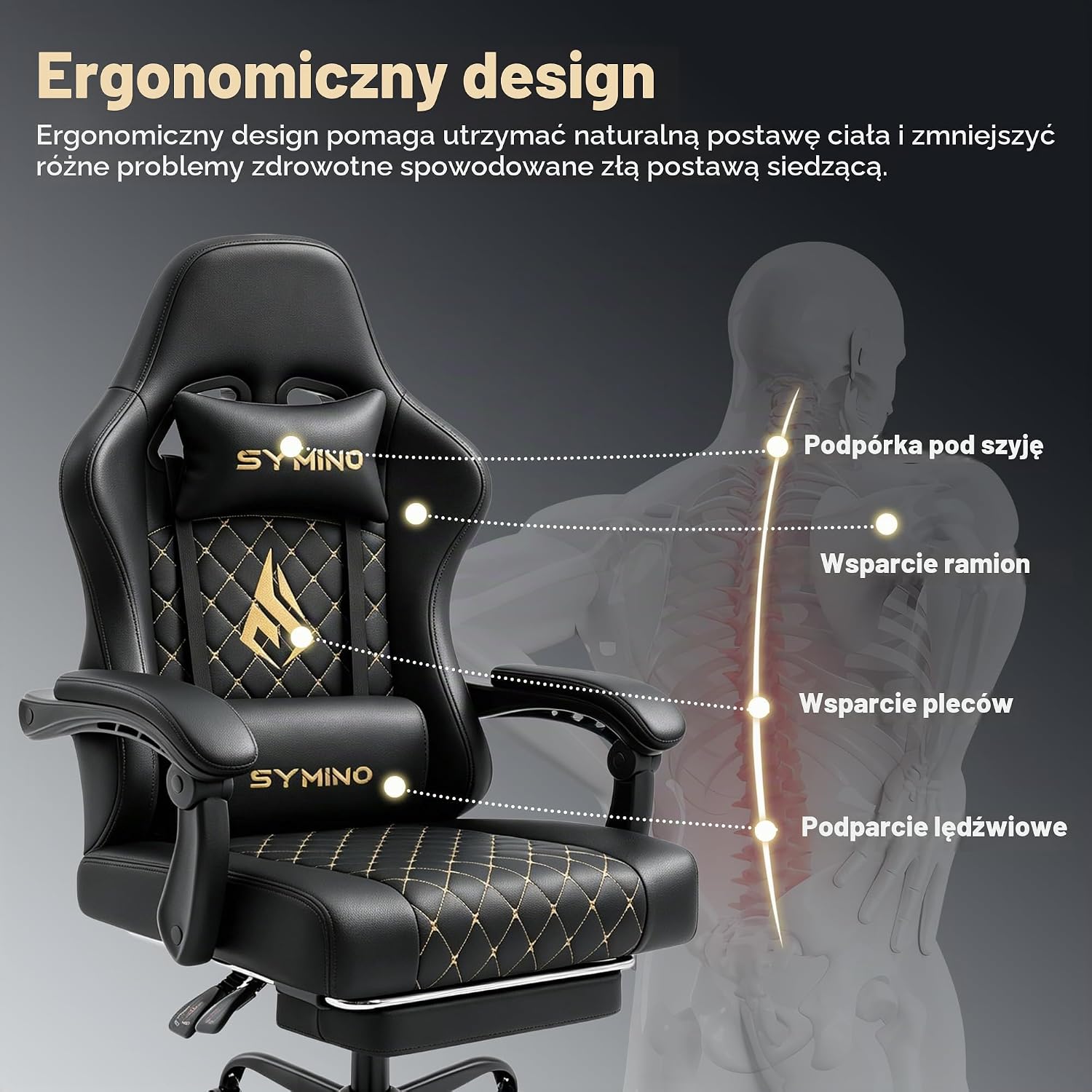 Detalle 1 de Symino FZ-01Black – ergonomiczny fotel gamingowy z podnóżkiem i regulowanym oparciem