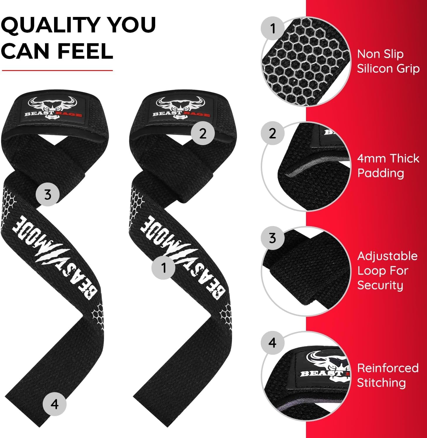 Detalle de BEAST RAGE Weight Lifting Straps with Padded Neoprene Wrist Support – Heavy Duty Cotton Wraps