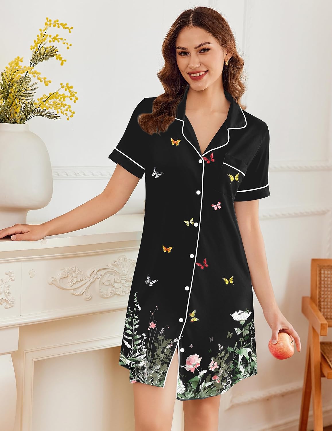 Detalle 2 de Ekouaer Button-Down Nightgown, Short-Sleeve Nursing Sleep Shirt