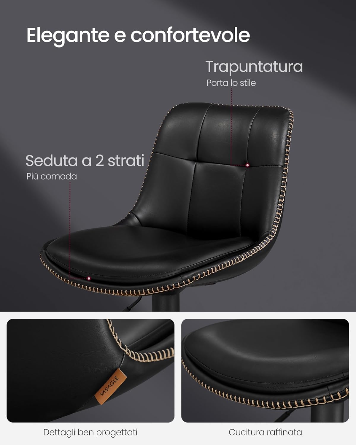 Detalle 2 de VASAGLE Set di 2 Sgabelli da Bar Girevoli Regolabili in Altezza con Seduta in PU Trapunta, Schienale e Poggiapiedi, Acciaio Nero Inchiostro LJB095B01
