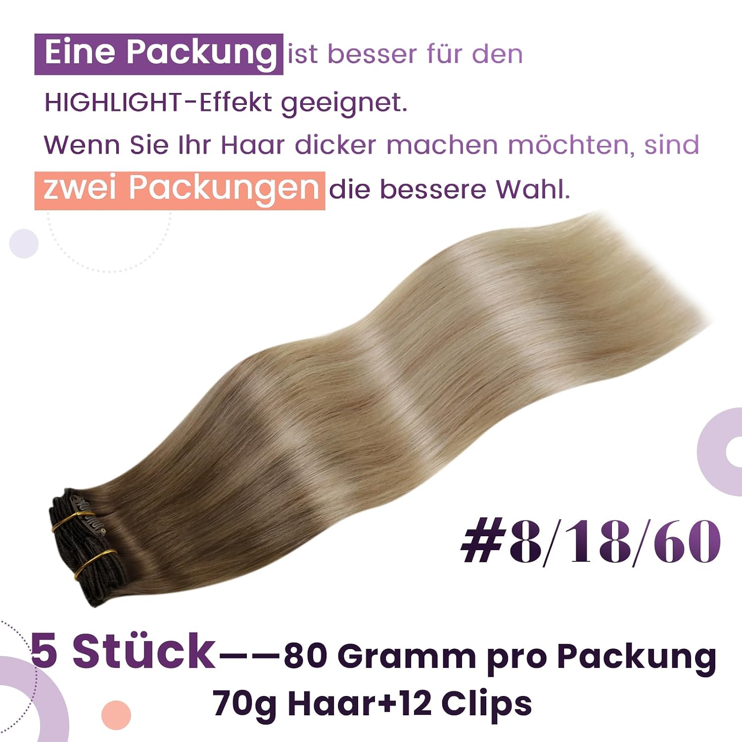 Detalle de LaaVoo Clip-in Extensions Balayage Ombre Braun zu Aschblond – Echthaar, Glatt, 35 cm, 80 g, 5 Stück