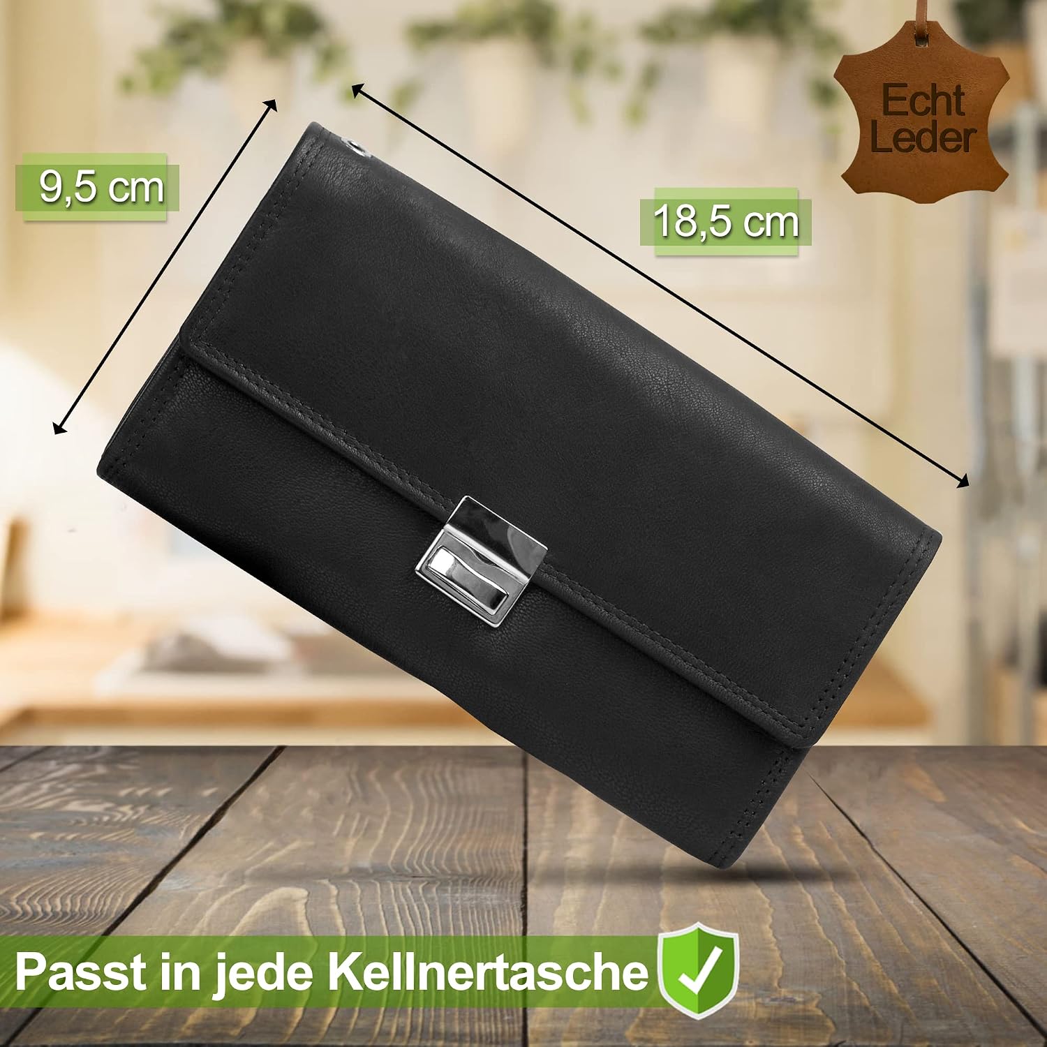 Detalle 2 de FLEXIBILITE Kellner-Geldbörse aus echtem Leder mit RFID, Schwarz – Kellnerportemonnaie (18,5 x 9,5 x 4,5 cm)