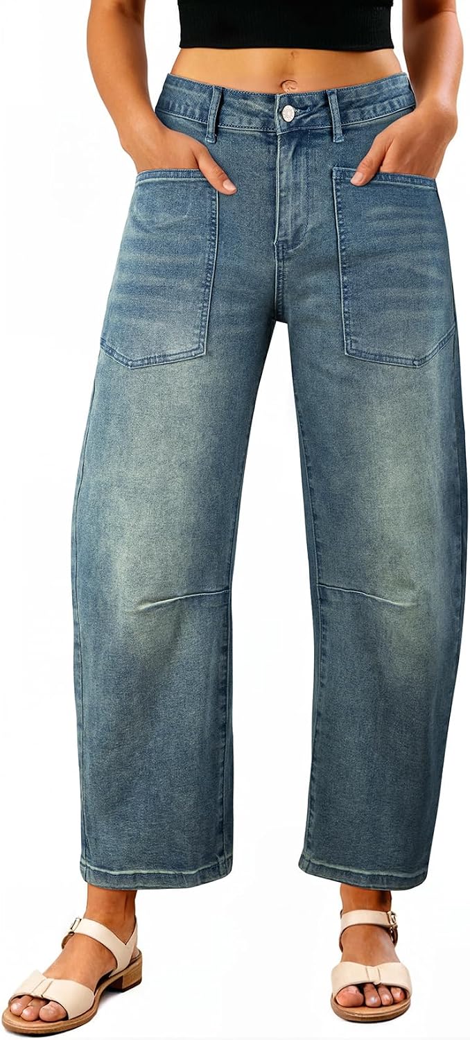 Detalle de EVALESS Barrel Pants Women’s High-Rise Stretch Jeans, Relaxed Cropped Fit