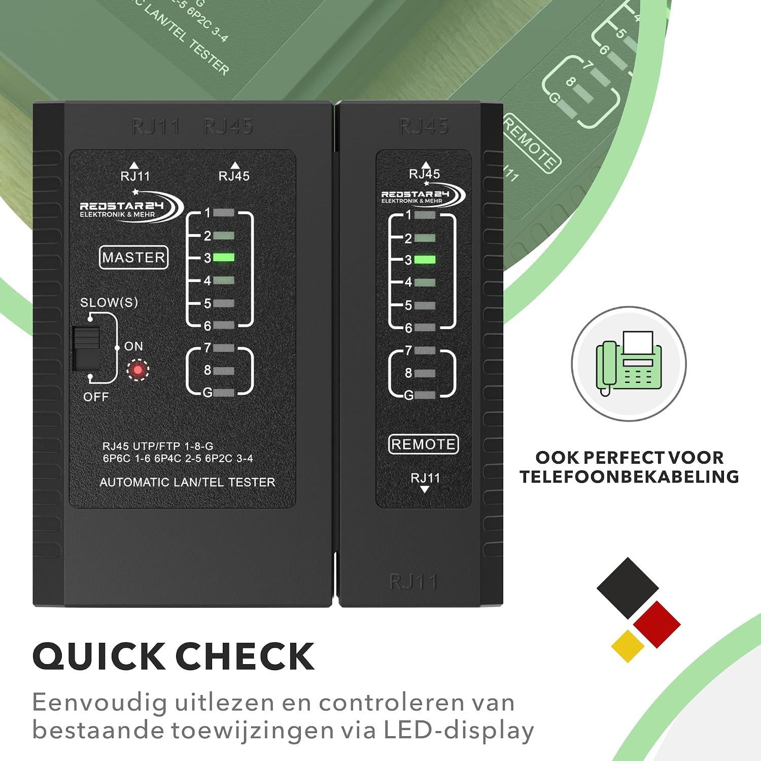 Detalle de RedStar24 RS-Netzwerktester LAN-kabeltester voor RJ11, RJ12 en RJ45 met ledcontrole
