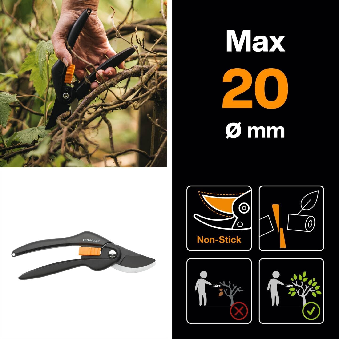 Detalle de Fiskars Bypass-Gartenschere P26 – 20 cm, Antihaftbeschichtet, für frische Äste bis Ø 2,2 cm