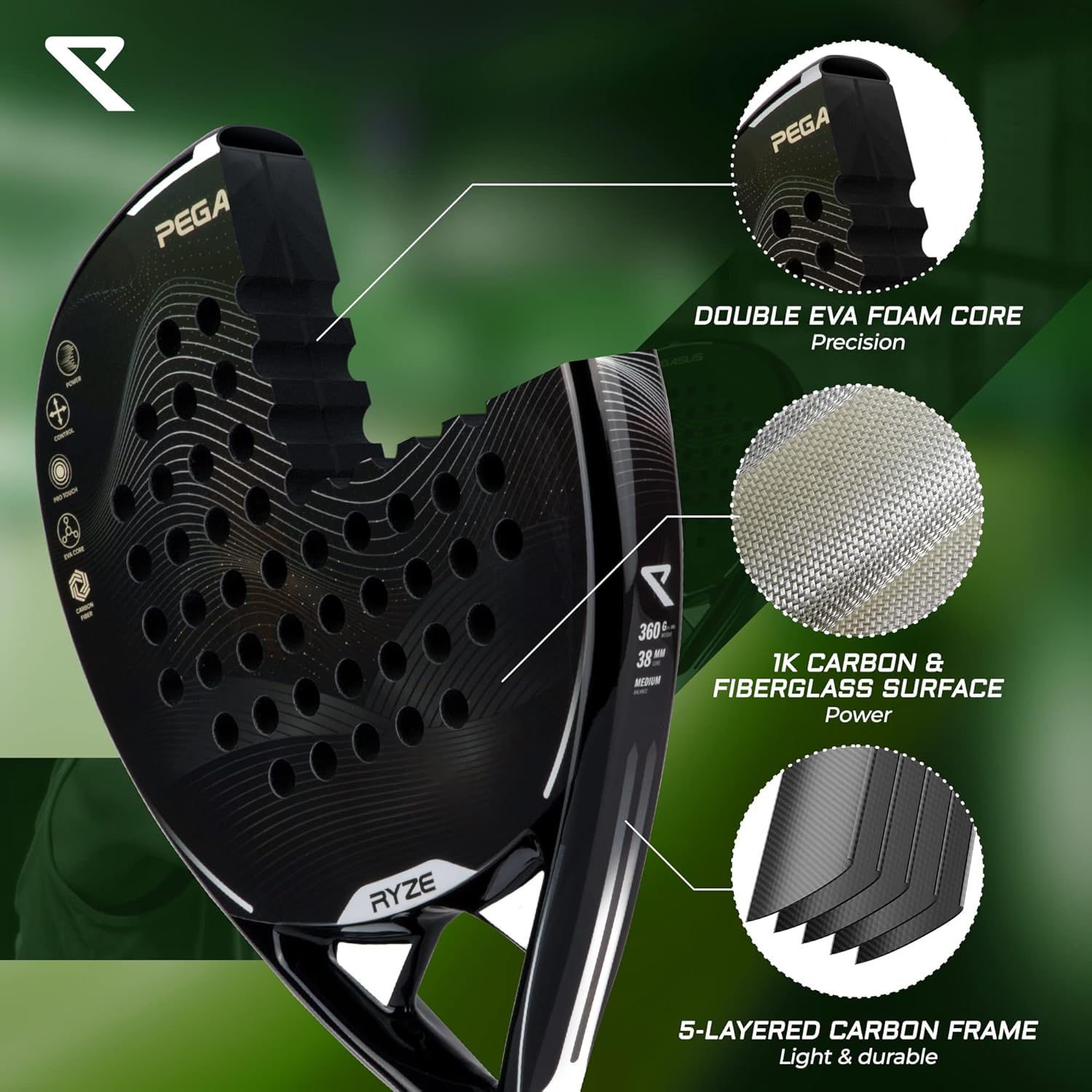 Detalle de RYZE Pegasus carbon fibre padel racket 360g