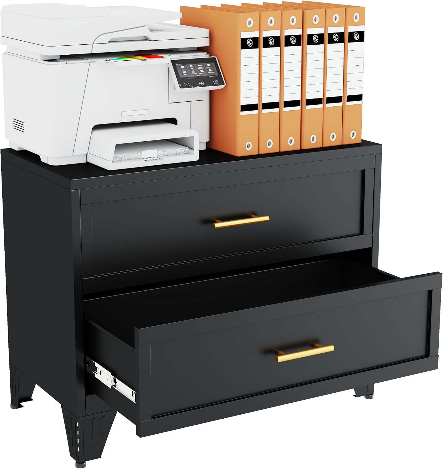 Detalle de risuoge 998542 2-Drawer Metal File Cabinet, Black, with Wide Printer Stand Top