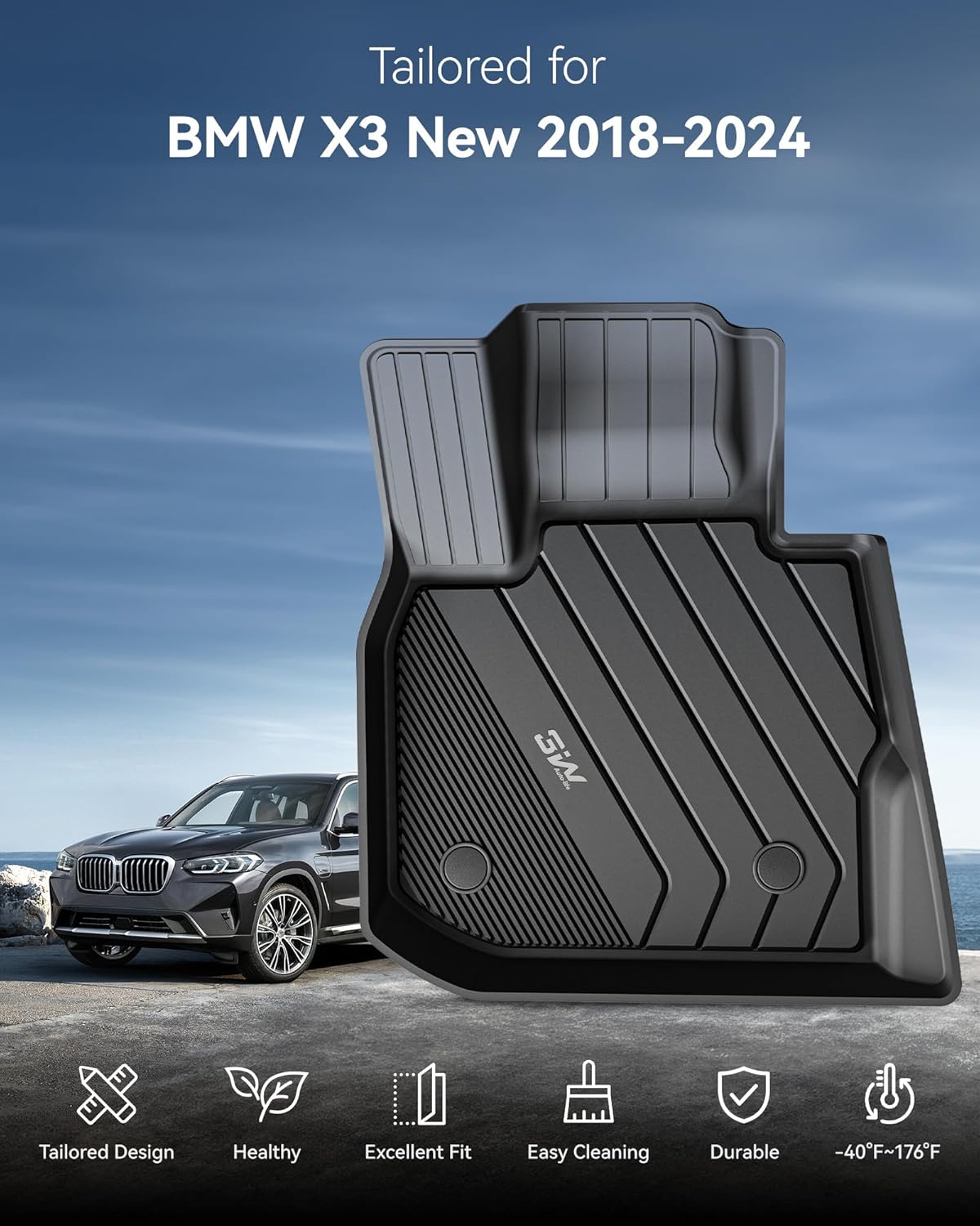 Thumbnail 1 de 3W 2018-2024 BMW X3 Floor Mats & Cargo Liner (G01) — All-Weather TPE, Custom-Fit 6-Piece Set
