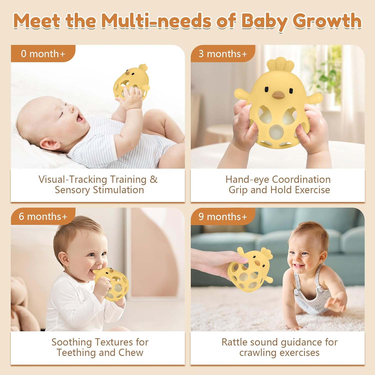 Thumbnail 5 de MCGMITT Grasping Ball with Rattle Baby Teether (Silicone, BPA-free) – Yellow Chicken Shape