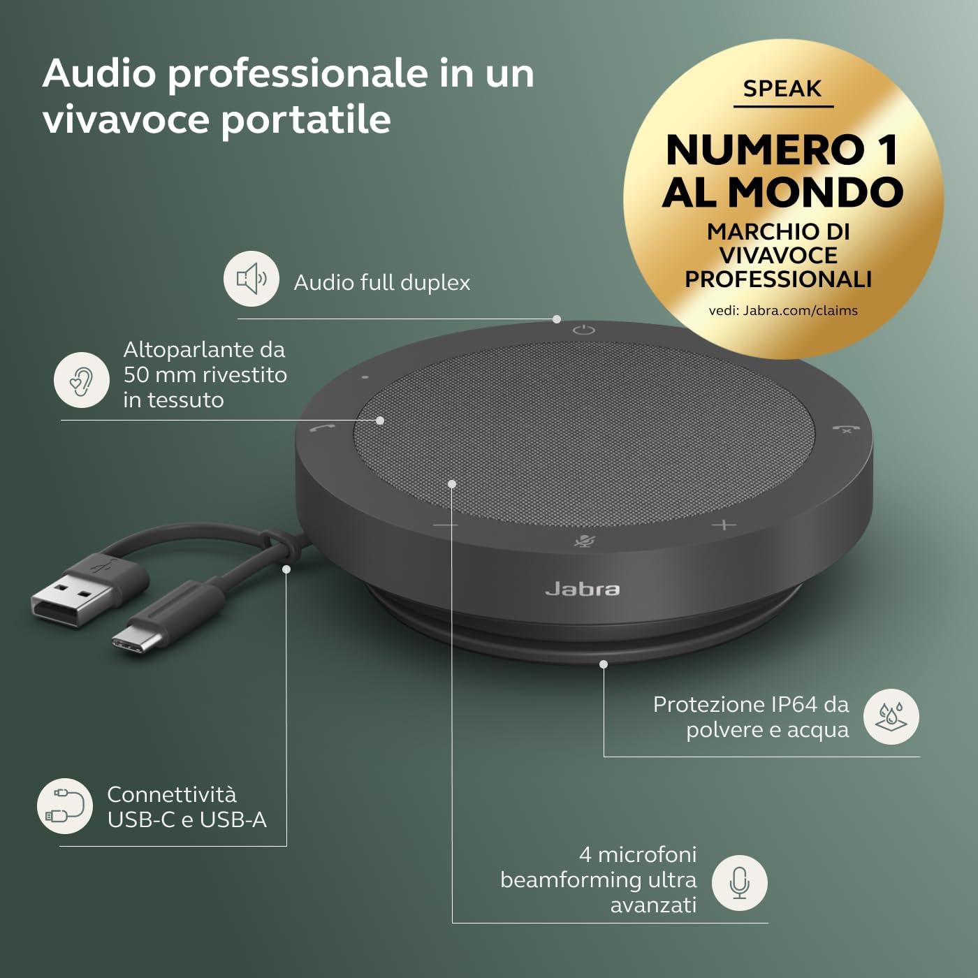 Detalle 2 de Jabra Speak2 40: vivavoce portatile con 4 microfoni e connettività USB-C/A