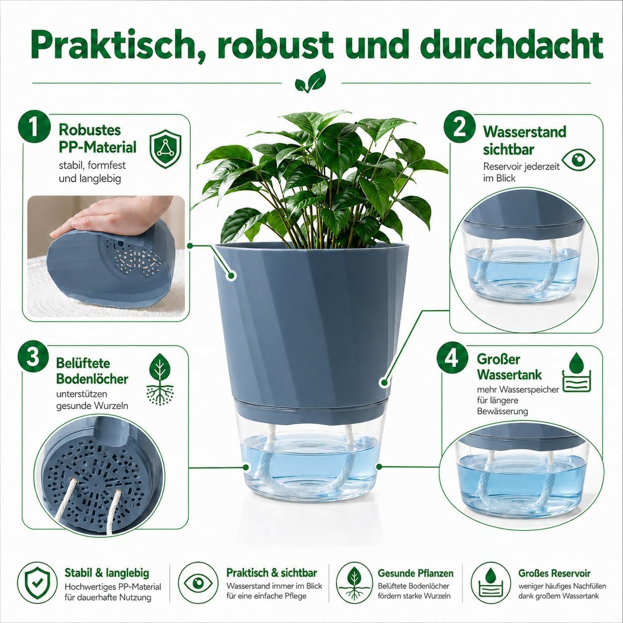 Detalle 2 de Feung gou självvattnande örtkrukor, 4-pack i blå PP-plast, 15,3 cm
