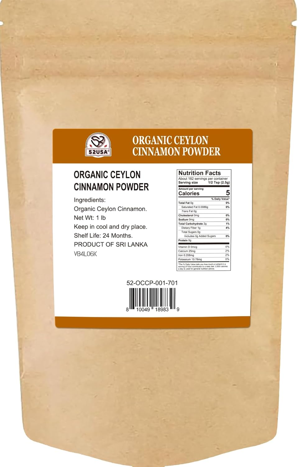 Detalle 2 de 52USA Organic Ceylon Cinnamon Powder, 1 lb, Low Coumarin, USDA Organic
