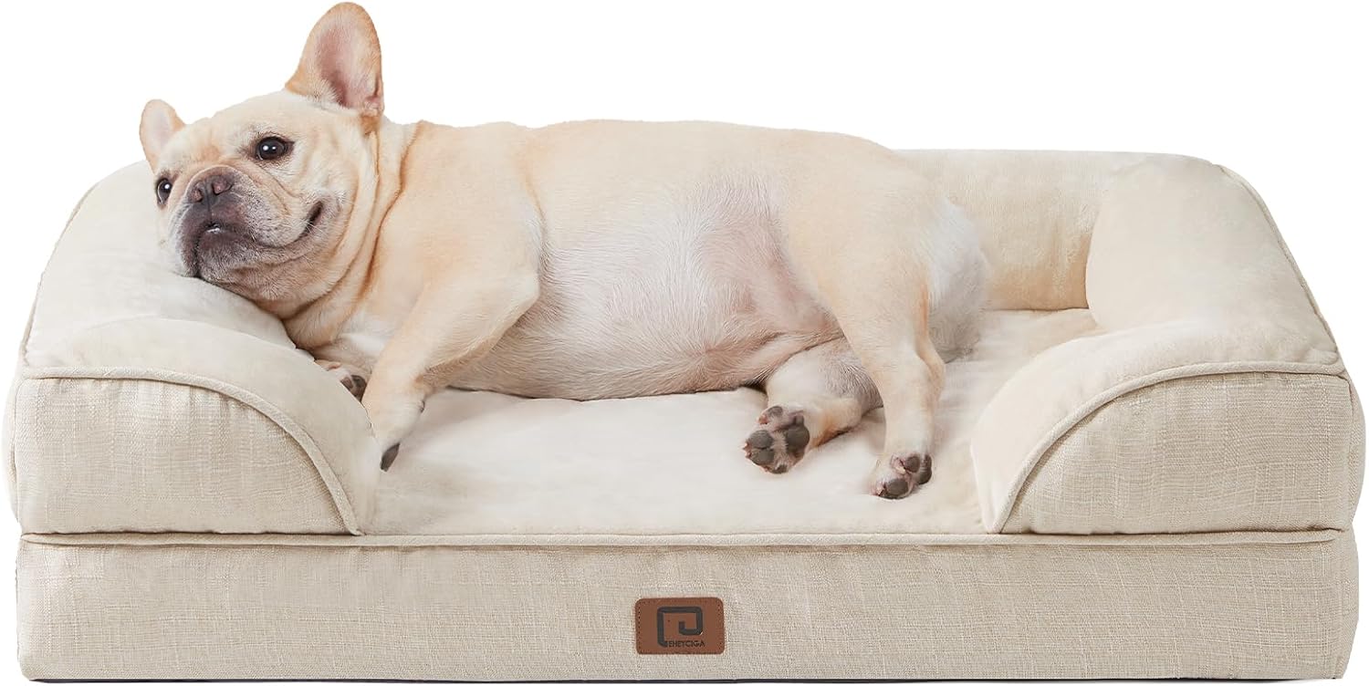 Detalle de EHEYCIGA Orthopädisches Hundebett für kleine Hunde (76 x 51 cm) mit Memory-Schaum, wasserabweisend & rutschfest, beige