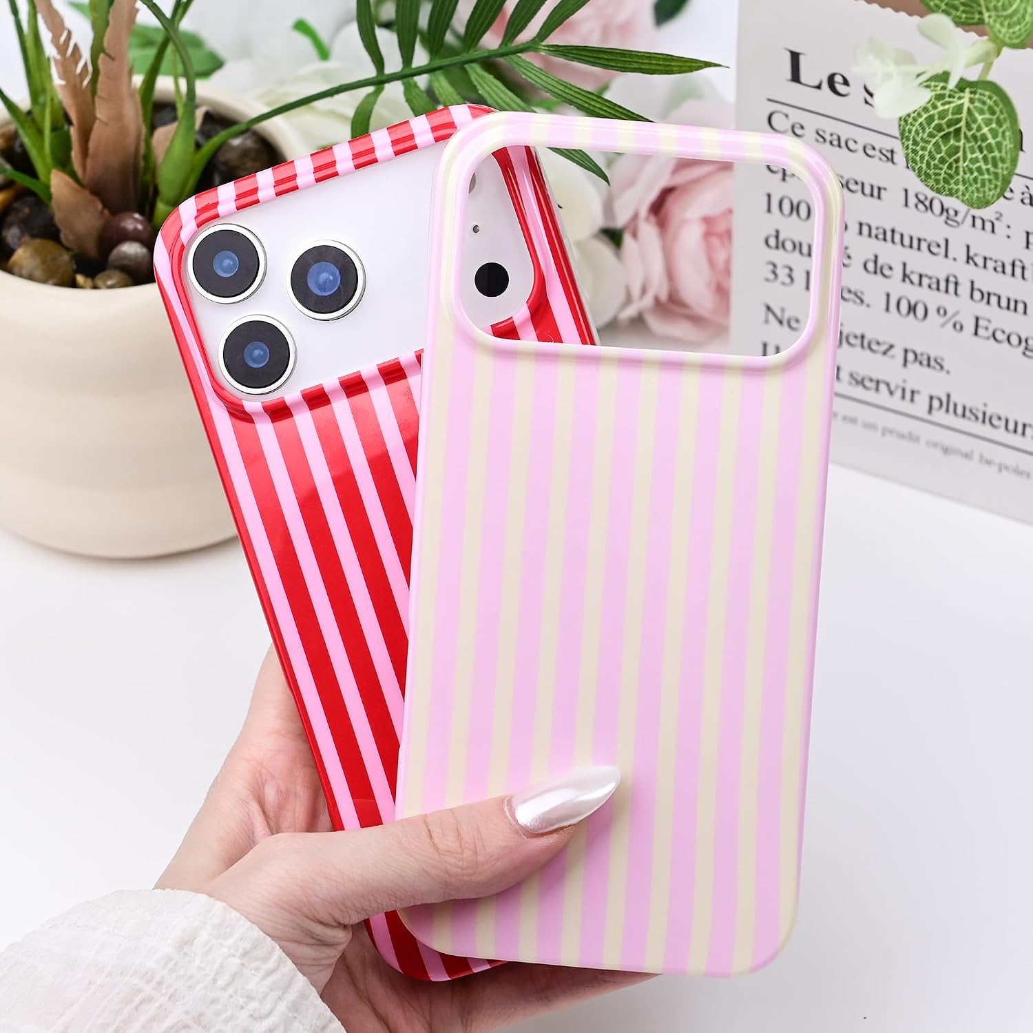 Detalle de SleekCover Cute Striped TPU Case for iPhone 17 Pro Max (6.9") – Pink/Yellow