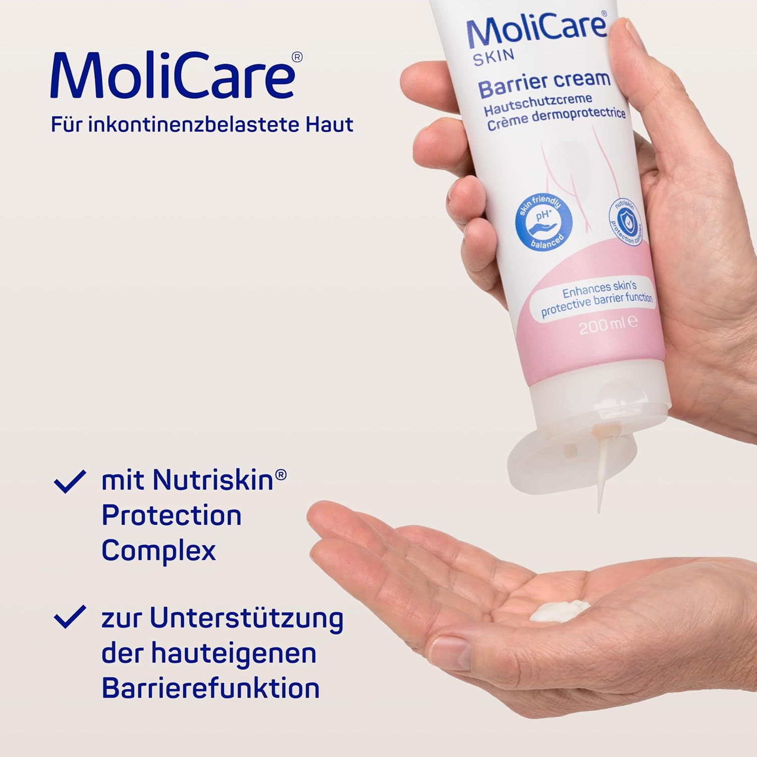 Detalle de MoliCare Skin Hautschutzcreme 200 ml – täglicher Schutz vor hautschädigender Feuchtigkeit bei Inkontinenz