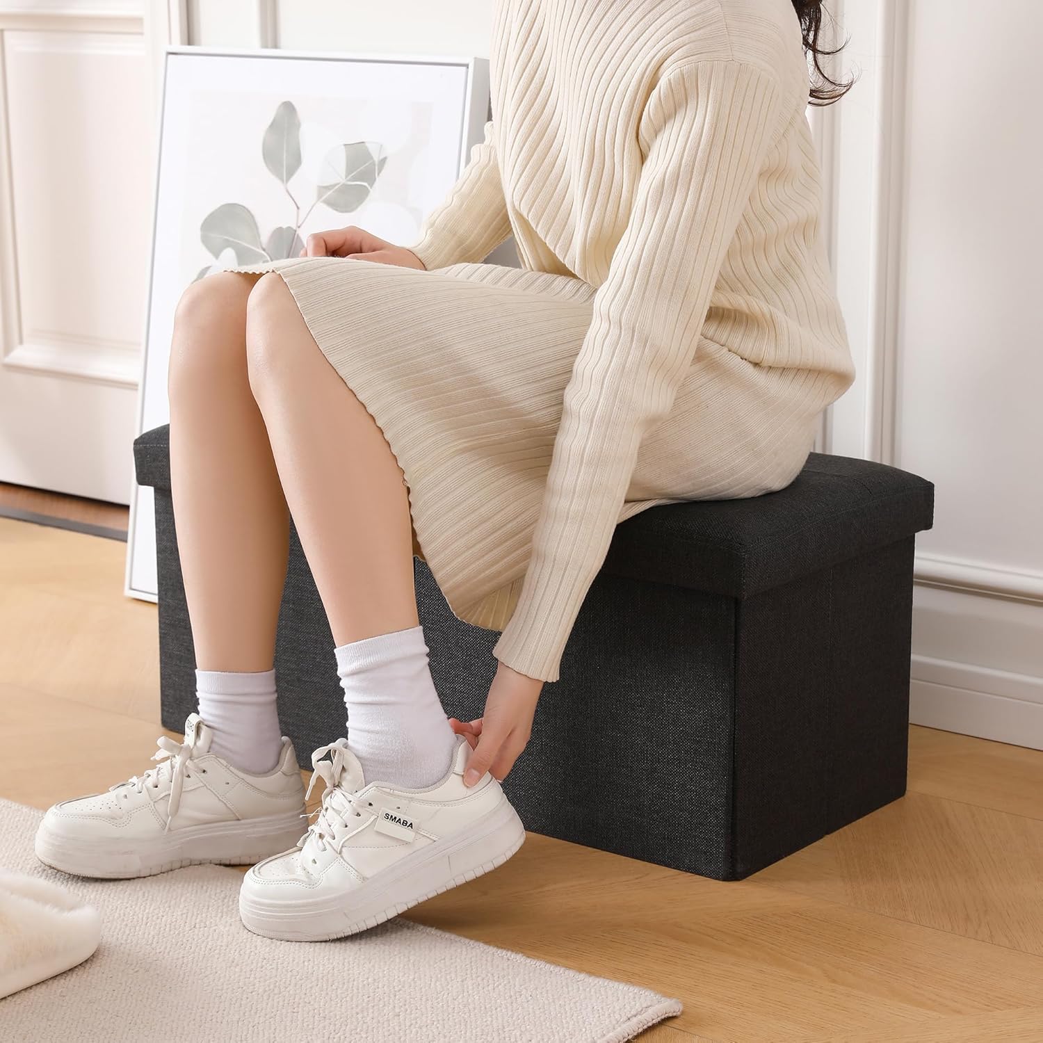 Thumbnail 4 de CUYOCA Storage Ottoman Bench: Foldable Seat, 75L Storage, Linen Sandy Beige