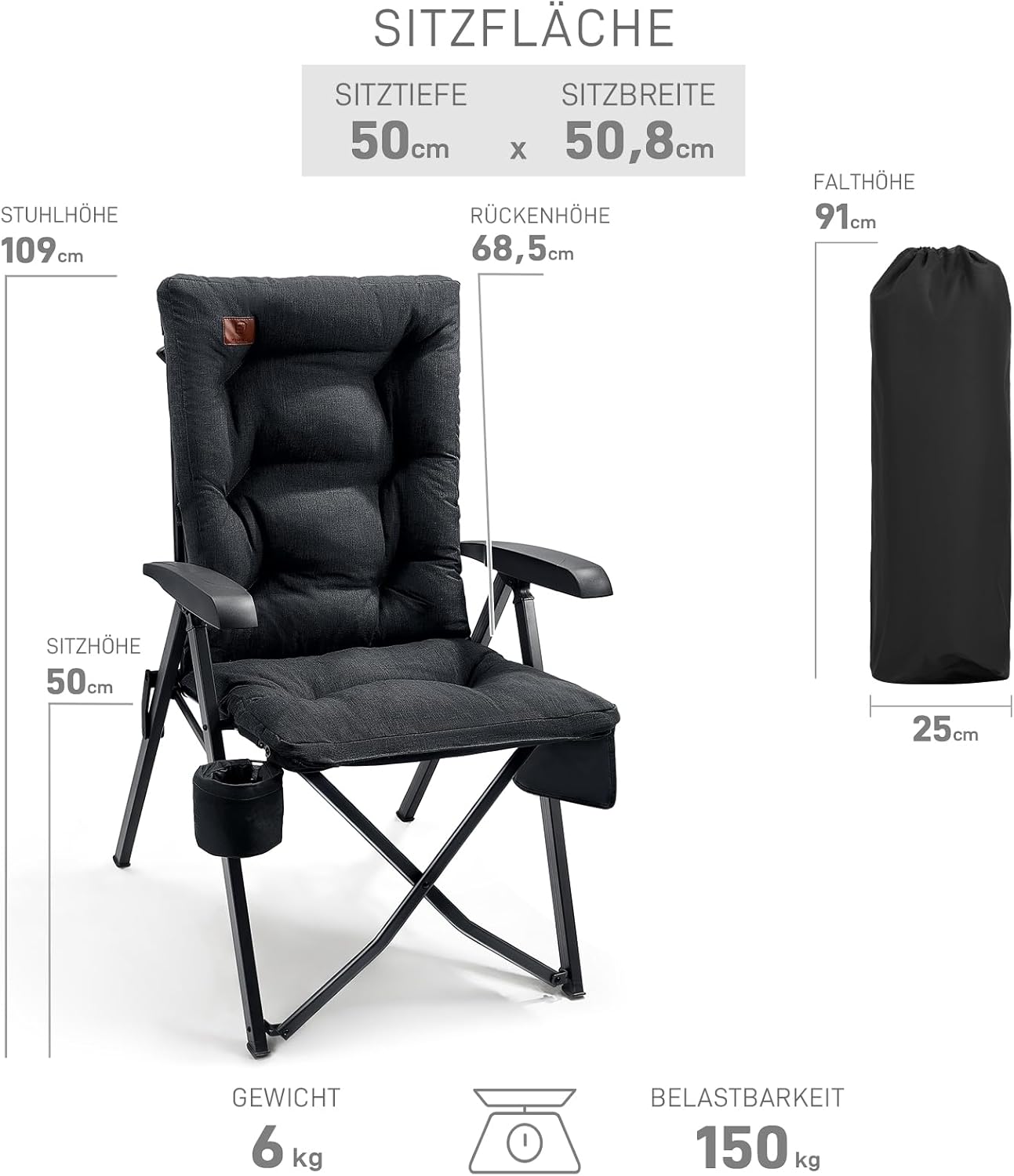 Detalle de EVER ADVANCED Campingstuhl faltbar mit 4-fach verstellbarer Rückenlehne bis 150 kg