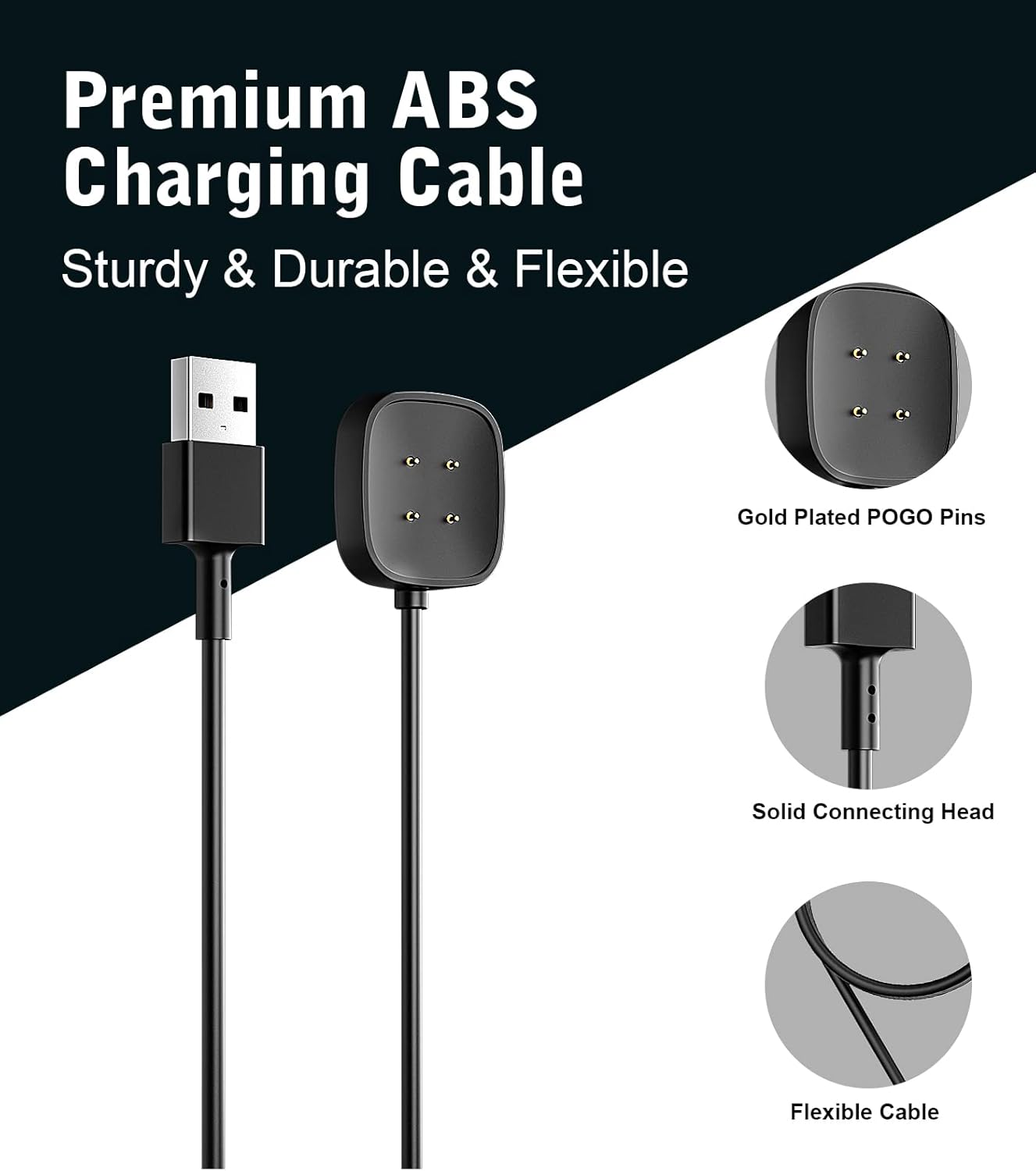 Detalle de MoKo Magnetic Replacement Charger for Fitbit Versa 4/Versa 3/Sense 2/Sense — USB Cable 1m, Black