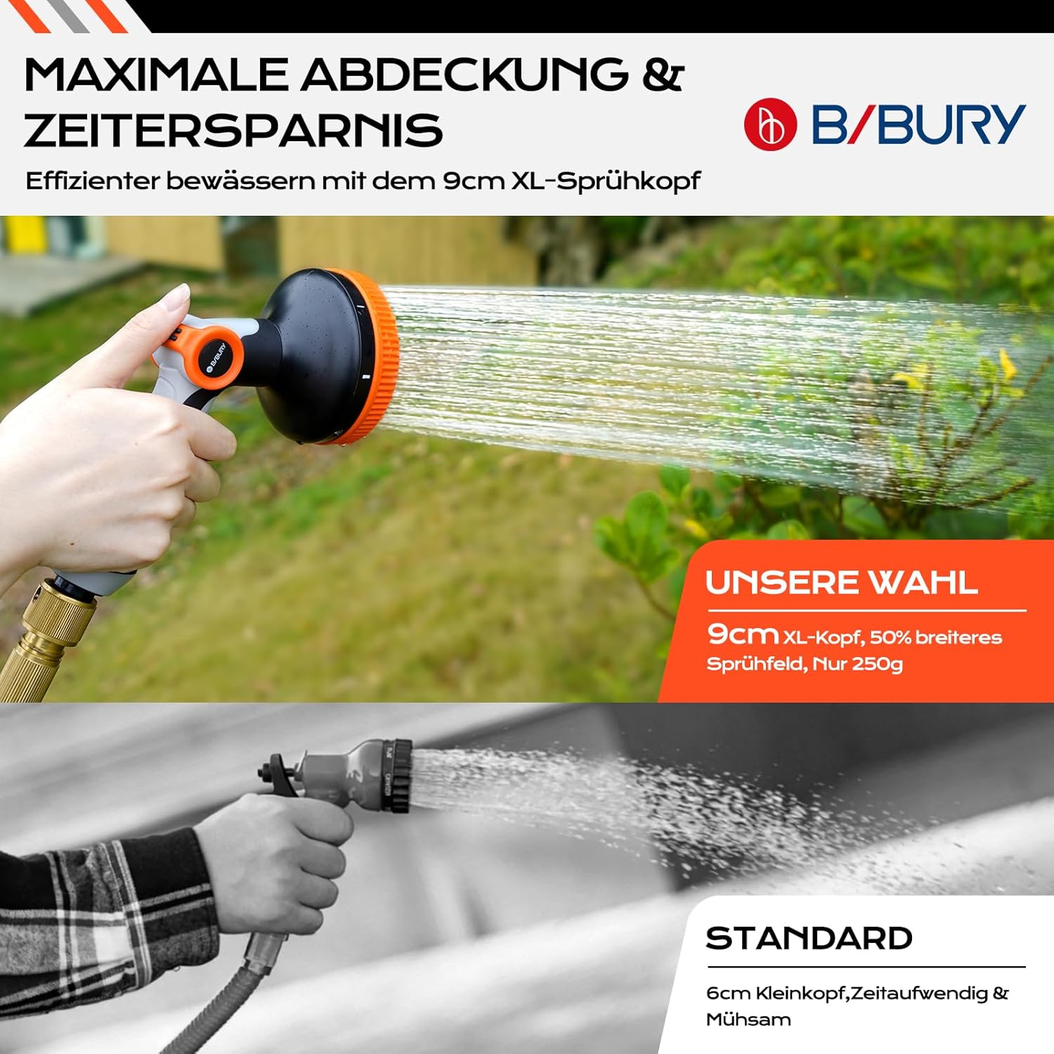 Thumbnail 2 de BIBURY Gartenbrause 9cm XL – Vielseitige Hochdruck-Spritzpistole mit 8 Modi, Daumensteuerung und 360° Drehkopf