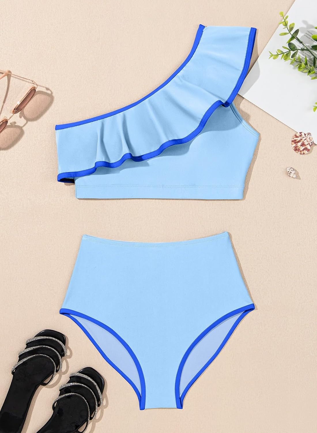 Thumbnail 4 de Herseas Women's One Shoulder Color-Block Bikini Set with Ruffle Hem