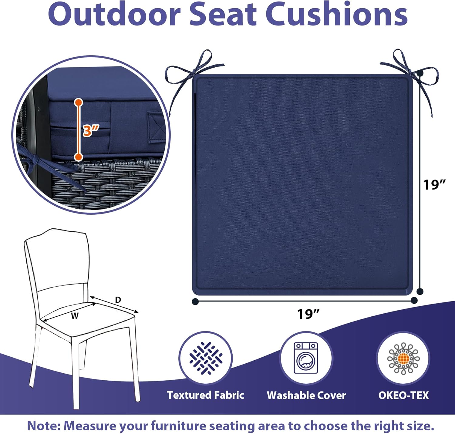 Detalle 2 de IPYNBAP Outdoor Chair Cushions Set of 4 (19" x 19" x 3"), Waterproof Navy Seat Pads with Ties & Handle