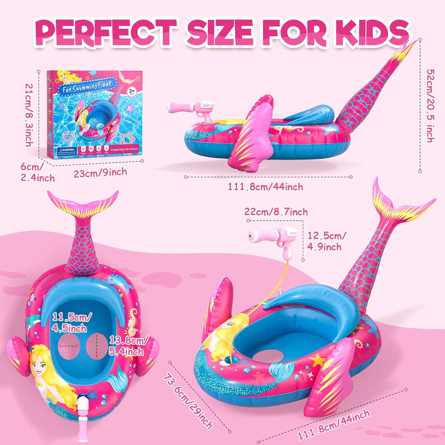 Thumbnail 6 de ASDGZD Mermaid Kids Pool Float with Water Gun — 44 x 29 inches inflatable