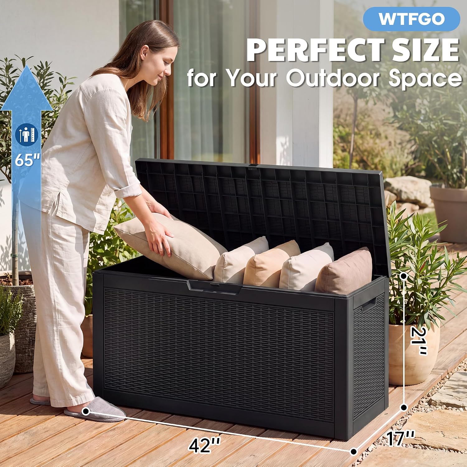 Detalle de WTFGO 80-Gallon Rattan Black Resin Outdoor Storage Box with Lockable Lid